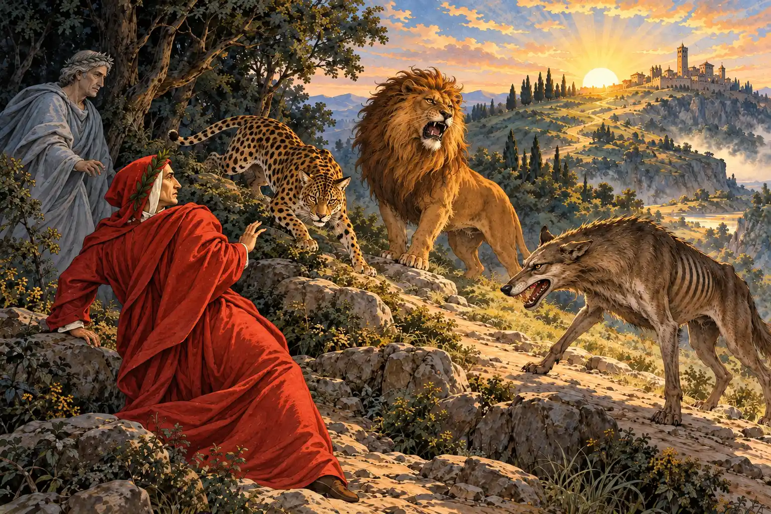 Su un pendio roccioso Dante, in veste rossa, arretra con la mano alzata davanti a una lonza maculata, un leone ruggente e una lupa scheletrica; dietro di lui Virgilio, sullo sfondo un colle illuminato dal sole.