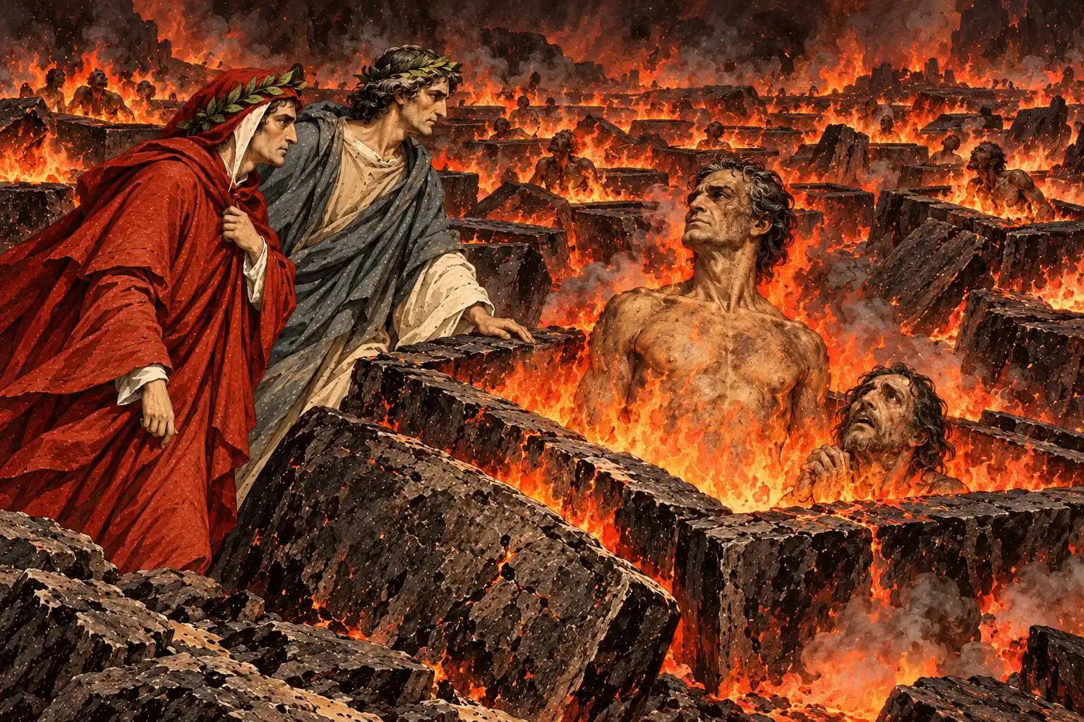 Tra sepolcri di pietra scoperchiati e avvolti dalle fiamme un uomo si erge a torso nudo con lo sguardo fiero; accanto a lui un altro sporge solo con il viso e le mani giunte. Dante e Virgilio li guardano da vicino.