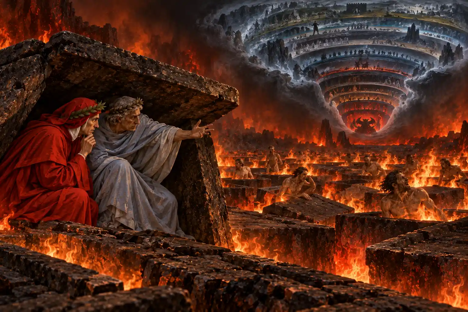 Dante e Virgilio stanno rannicchiati dietro la lastra inclinata di un sepolcro, tra tombe in fiamme; Virgilio indica con il braccio una voragine a gradoni concentrici che si apre come una visione nel fumo.