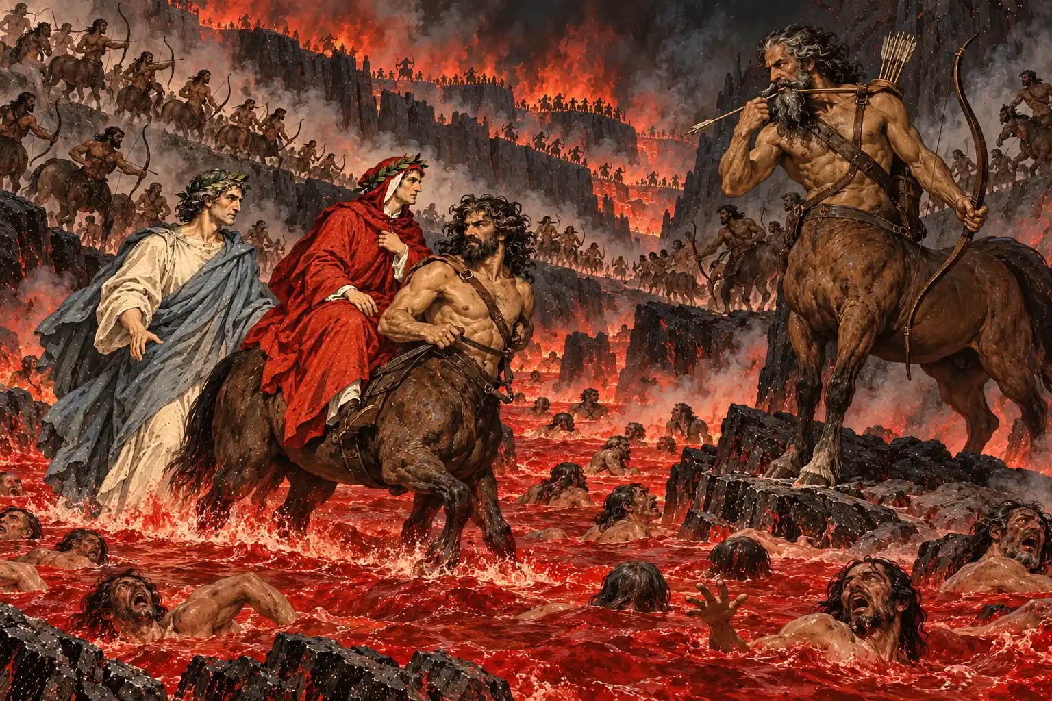 Dante attraversa un fiume rosso di sangue in groppa a un centauro, con Virgilio a fianco; dannati emergono urlando dalla corrente, un vecchio centauro si scosta la barba con una freccia e altri tendono gli archi.