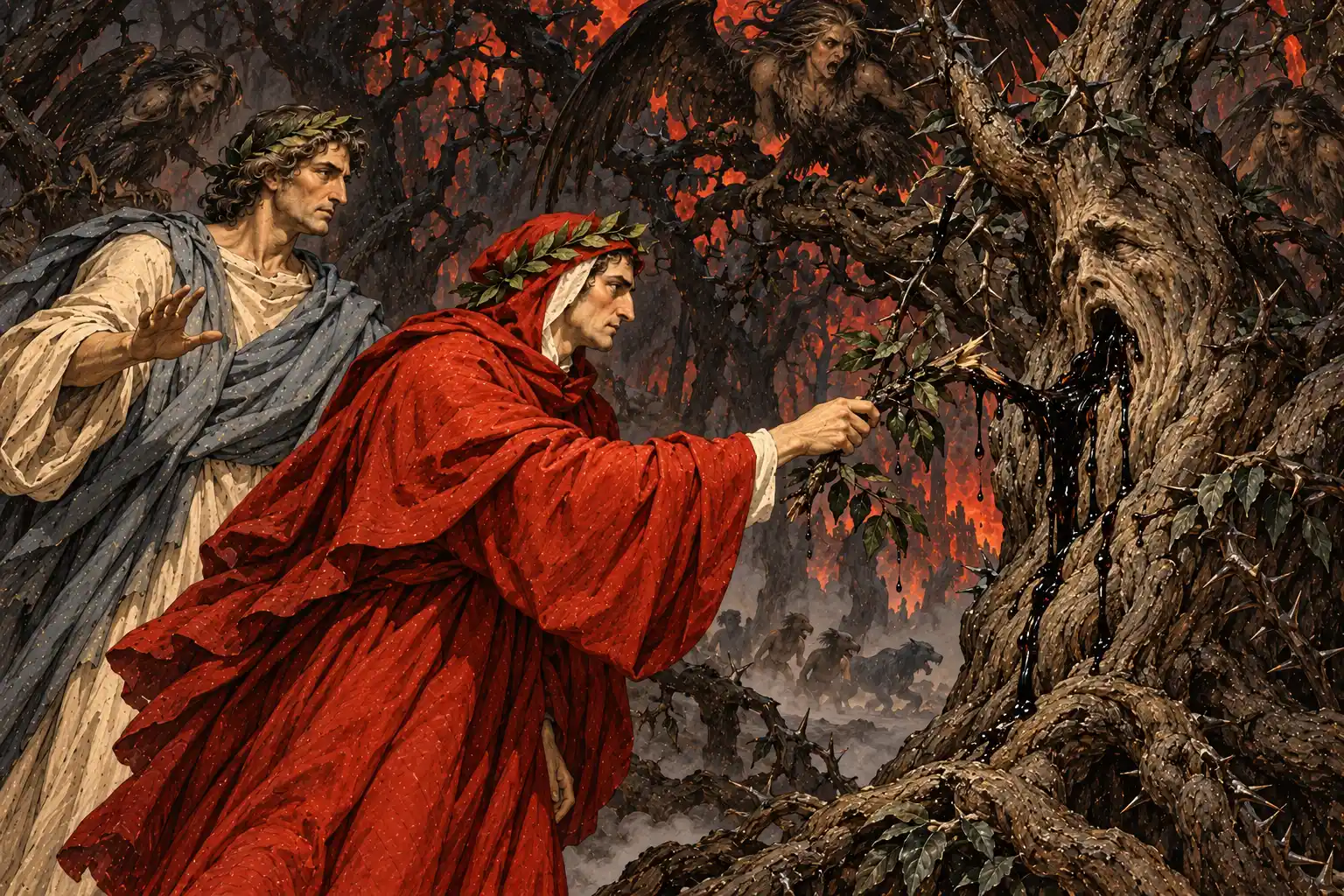 In un bosco di alberi spinosi Dante spezza un ramo da un tronco contorto che ha un volto umano e perde sangue scuro; Virgilio alza una mano, sui rami stanno uccelli dal viso di donna e in fondo corrono cani neri.