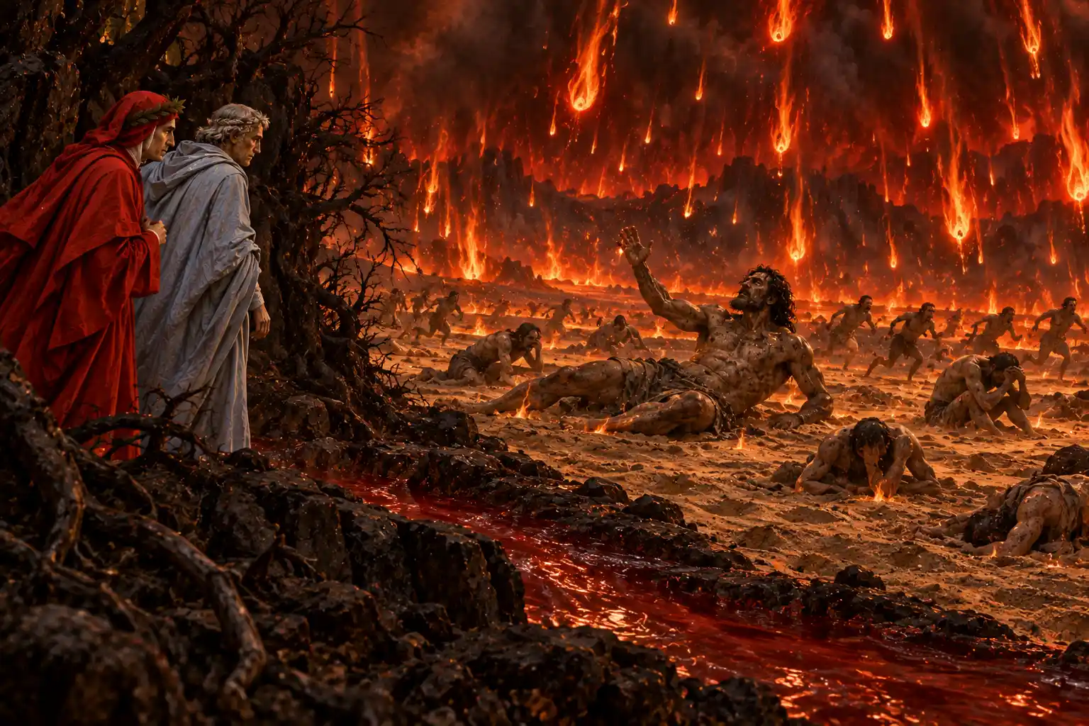Su una distesa di sabbia colpita da una pioggia di fiamme un uomo robusto, disteso, alza il braccio verso il cielo; altri corrono o stanno rannicchiati. Dante e Virgilio guardano dal margine di un bosco.