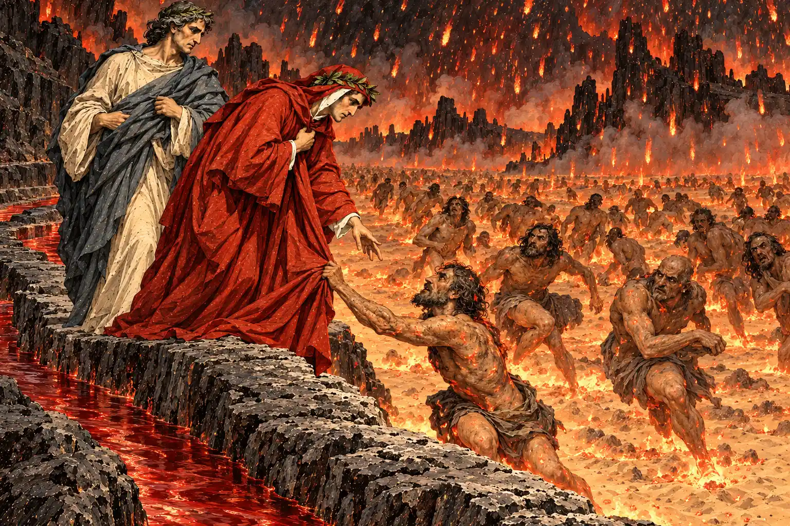 Dall'argine di pietra di un ruscello rosso Dante si china verso un dannato che dalla sabbia infuocata gli afferra il lembo della veste; dietro, sotto una pioggia di fuoco, corre una schiera di uomini seminudi.