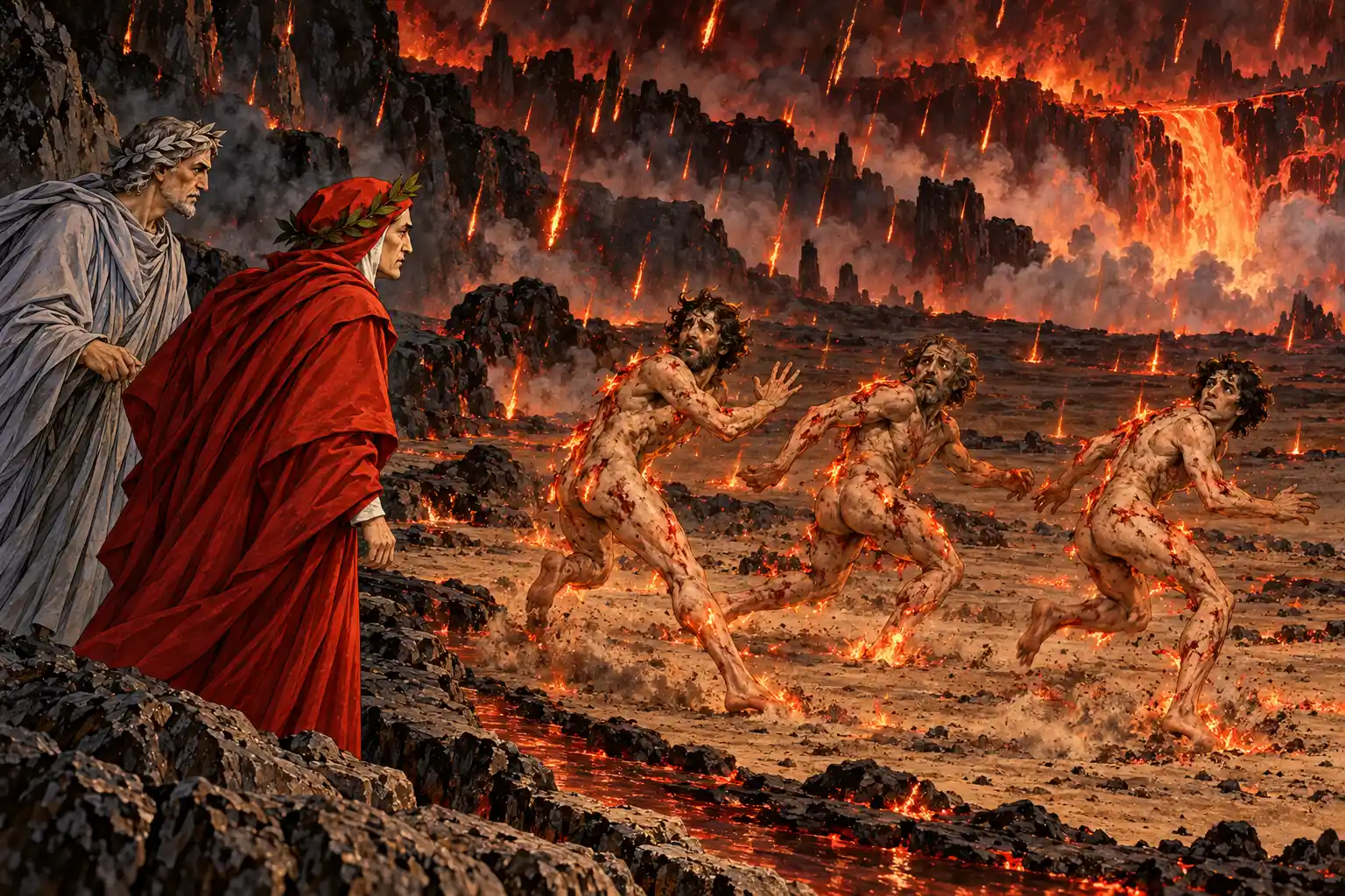 Tre uomini nudi, con il corpo segnato da ustioni, corrono sulla sabbia sotto una pioggia di fuoco voltando il viso verso Dante e Virgilio fermi su un argine; sullo sfondo una cascata rossa precipita tra le rocce.