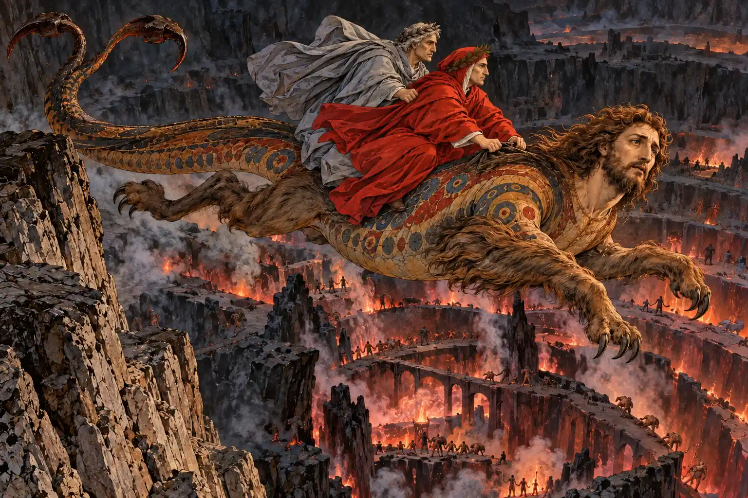 Dante e Virgilio volano sul dorso di una creatura con volto d'uomo barbuto, zampe pelose artigliate, corpo dipinto a cerchi e nodi e coda biforcuta da scorpione; sotto si apre una voragine a gradoni con ponti di roccia.