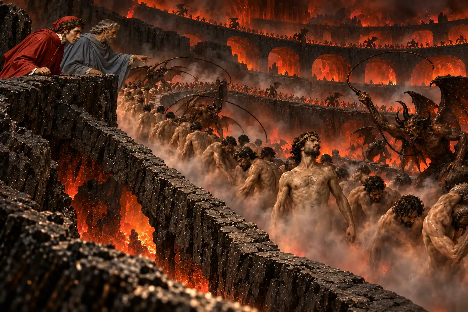 Dall'alto di un argine Dante e Virgilio guardano una fila di dannati nudi sferzati da diavoli cornuti e alati; tra loro uno cammina a testa alta con una corona. Attorno, ponti e arcate di roccia fra i bagliori del fuoco.