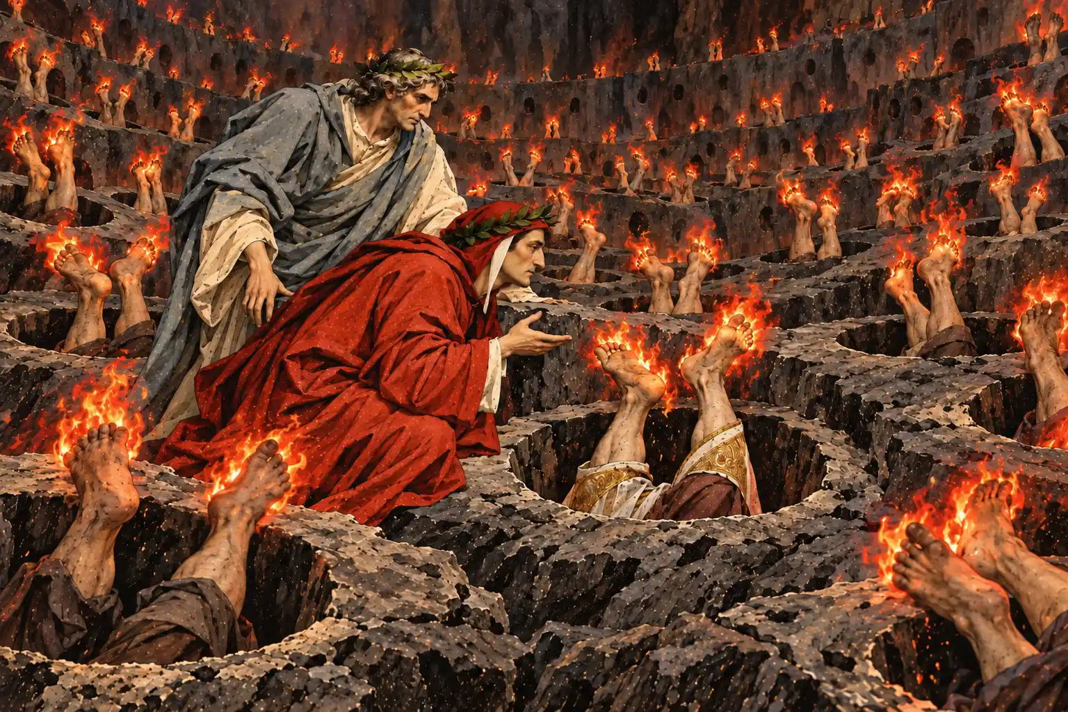 Dante, in ginocchio, parla a due gambe che spuntano da un foro nella roccia con le piante dei piedi in fiamme, fra lembi di paramenti dorati; Virgilio gli è accanto e intorno altri fori mostrano piedi che bruciano.