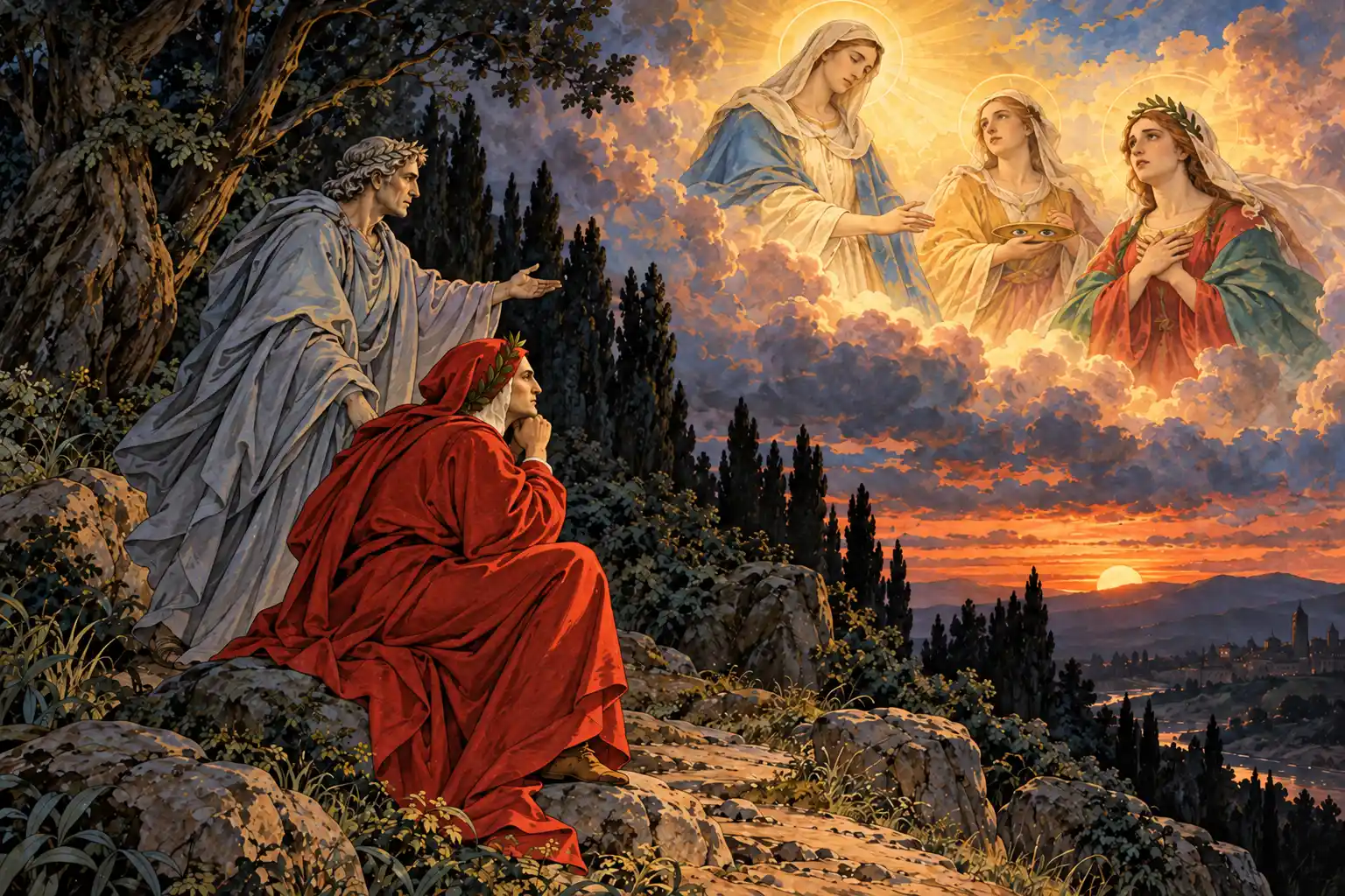 Al tramonto Dante siede pensoso su una roccia; Virgilio, in piedi accanto a lui, indica il cielo dove fra nubi dorate appaiono tre donne con l'aureola, una delle quali regge un piatto con due occhi.