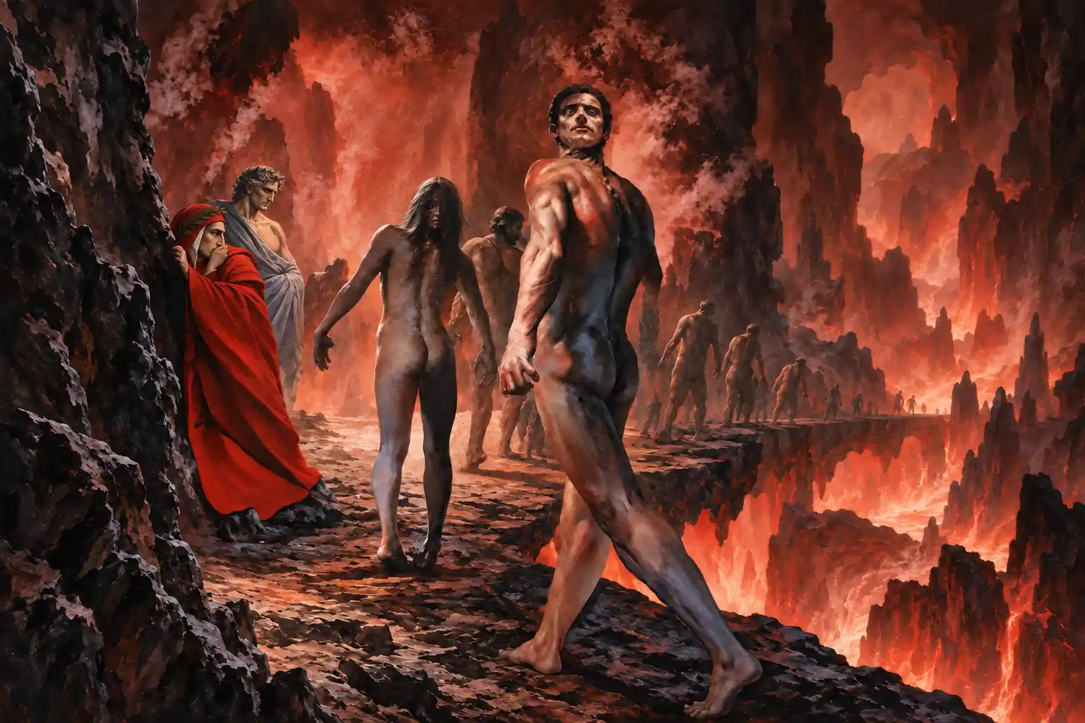 Dannati nudi camminano lentamente lungo un sentiero di roccia con la testa girata all'indietro sopra le spalle; a sinistra Dante, appoggiato alla parete, si copre il viso con la mano e Virgilio gli sta vicino.