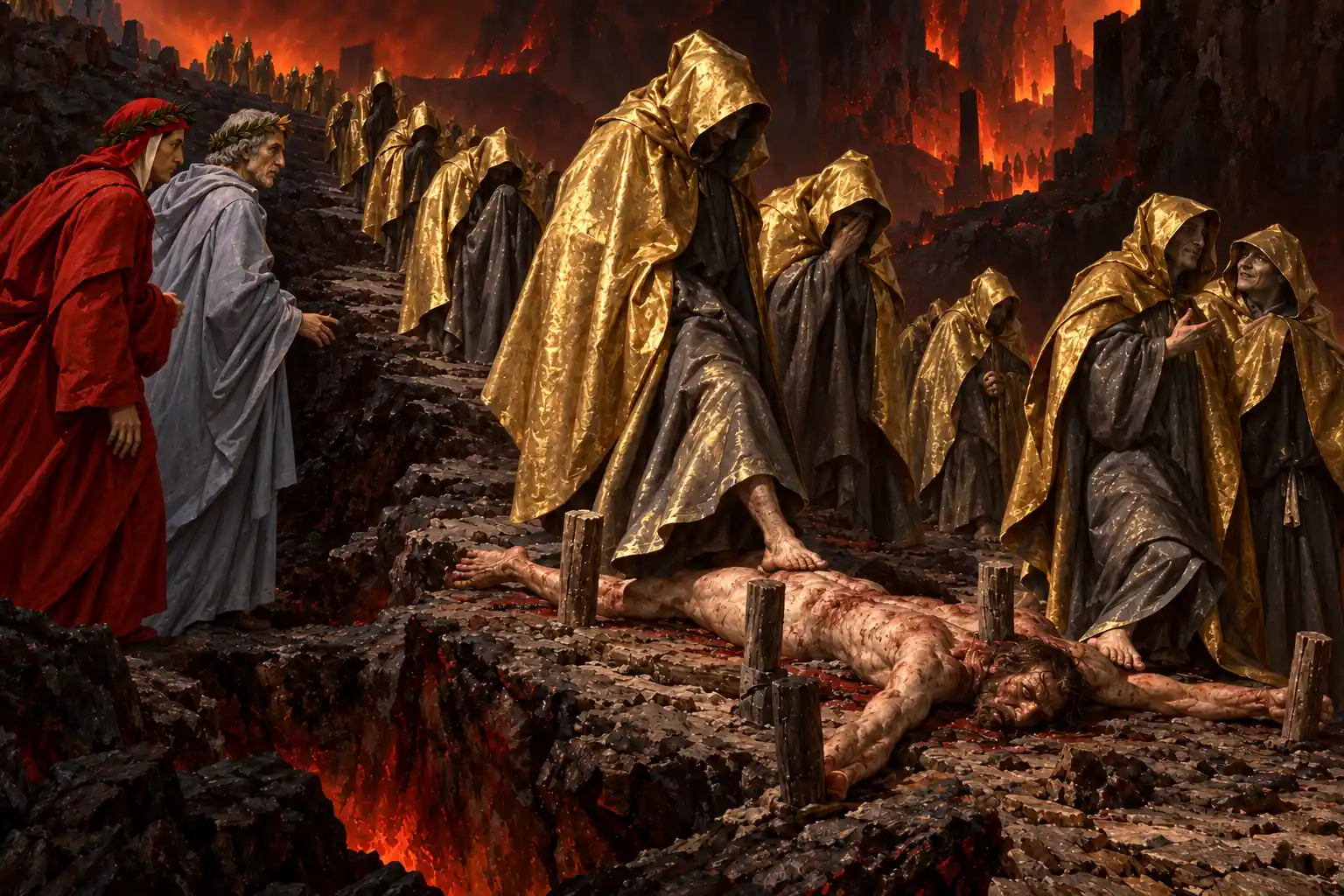 Una fila di figure incappucciate, con pesanti cappe dorate fuori e grigie dentro, avanza lenta calpestando un uomo nudo steso a terra a braccia aperte fra pali di legno; Dante e Virgilio guardano da sinistra.