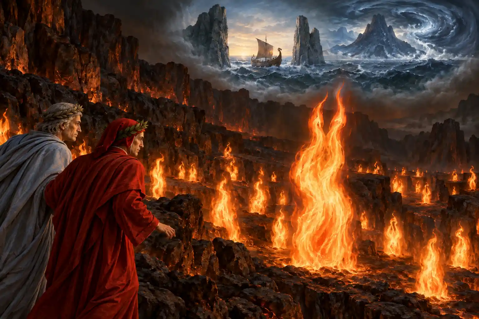 Dante e Virgilio guardano una fossa piena di fiamme isolate; la più grande, in primo piano, termina in due punte. Nel cielo, come in una visione, una nave a vela passa fra due scogli verso un monte e un vortice.
