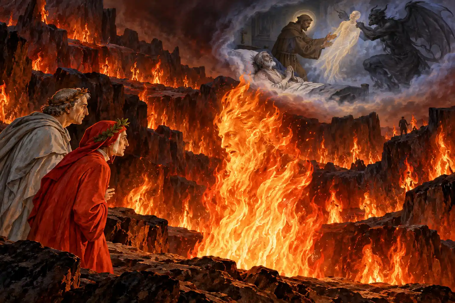 Dante e Virgilio, da un ponte di roccia, ascoltano una grande fiamma in cui si distingue un volto barbuto; in alto, come in una visione, un frate con l'aureola e un diavolo nero si contendono l'anima di un morente.