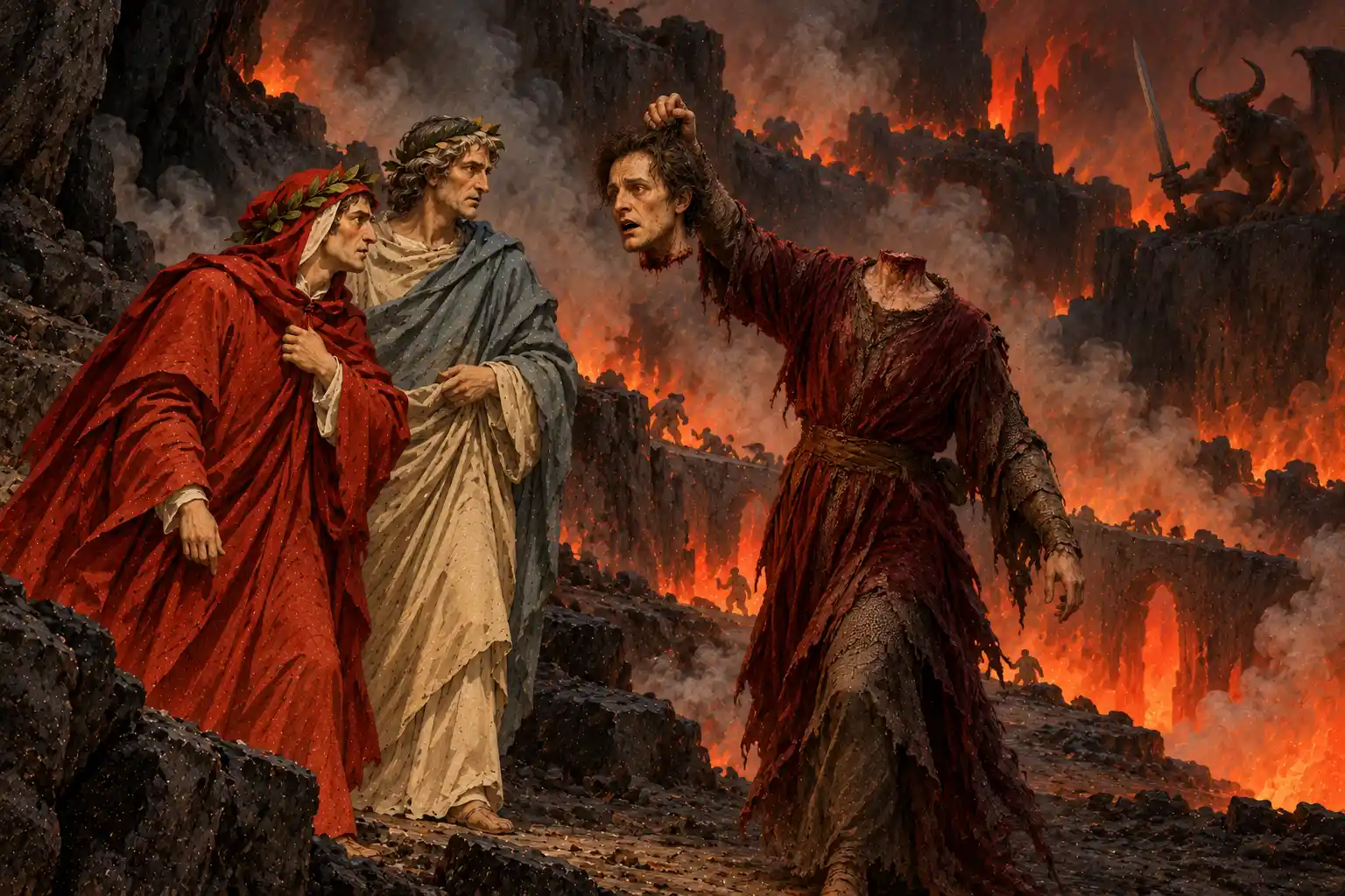 Un corpo decapitato, vestito di stracci insanguinati, cammina reggendo per i capelli la propria testa che parla, sollevata come una lanterna verso Dante e Virgilio; su una rupe in fondo un diavolo con una spada.