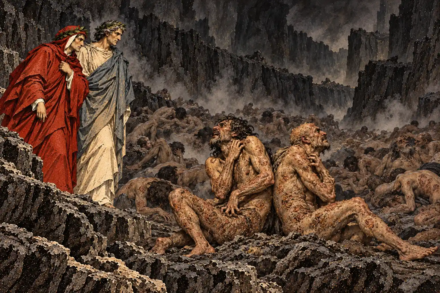 Due uomini nudi siedono schiena contro schiena con la pelle coperta di croste e si grattano con le unghie; attorno, nella fossa fumosa, giacciono ammucchiati altri corpi malati. Dante e Virgilio li guardano dall'argine.