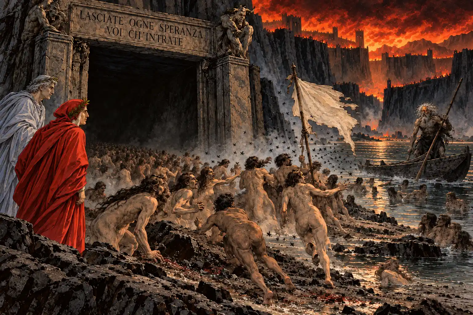 Dante e Virgilio osservano dalla riva una folla di anime nude che corre dietro a una bandiera bianca, tormentata da insetti; a sinistra una grande porta di pietra, a destra un vecchio barcaiolo su un fiume scuro.