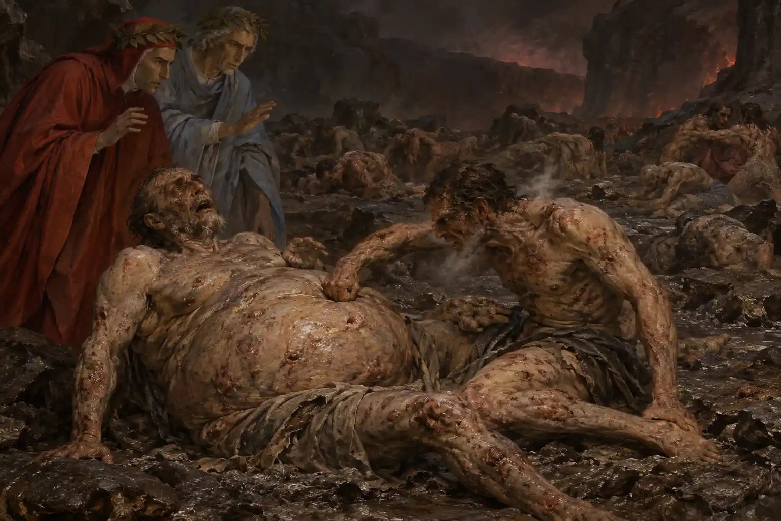 Un uomo dal ventre enormemente gonfio giace a terra mentre un altro, magro, dalla pelle piagata e fumante, gli colpisce la pancia con un pugno; Dante e Virgilio osservano chini, sullo sfondo altri dannati si azzuffano.