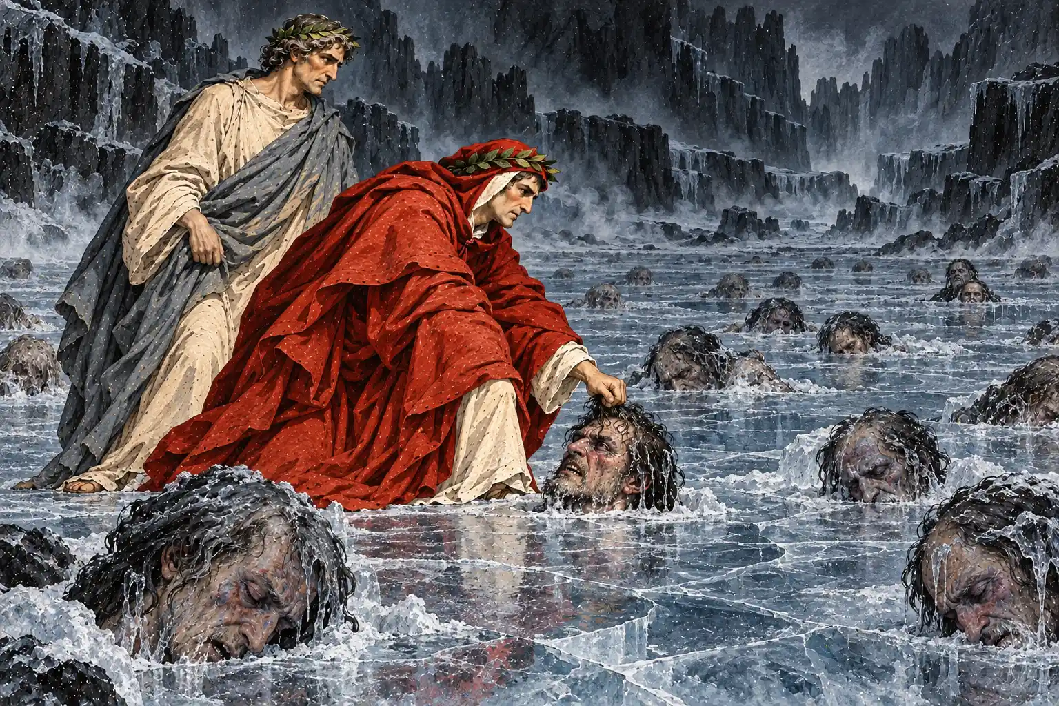 Su un lago ghiacciato da cui spuntano soltanto teste livide Dante, chinato, afferra per i capelli un dannato che lo guarda rabbioso; Virgilio è in piedi dietro di lui, fra pareti di roccia coperte di ghiaccio.