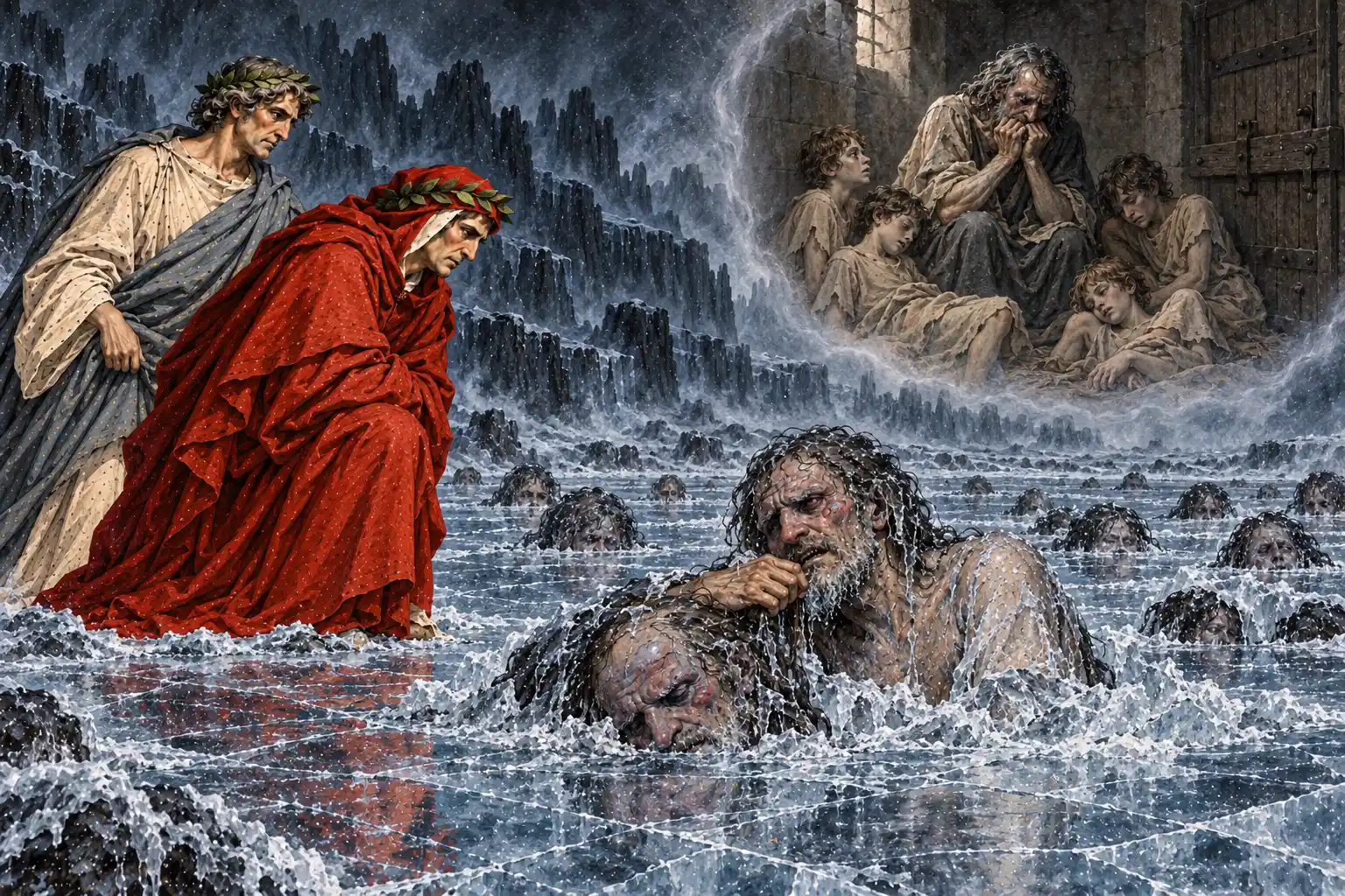 Nel ghiaccio un vecchio barbuto solleva la bocca dal capo di un altro dannato, che tiene con la mano; Dante e Virgilio ascoltano. In alto, come in un ricordo, un uomo si morde le mani in una cella con quattro ragazzi.