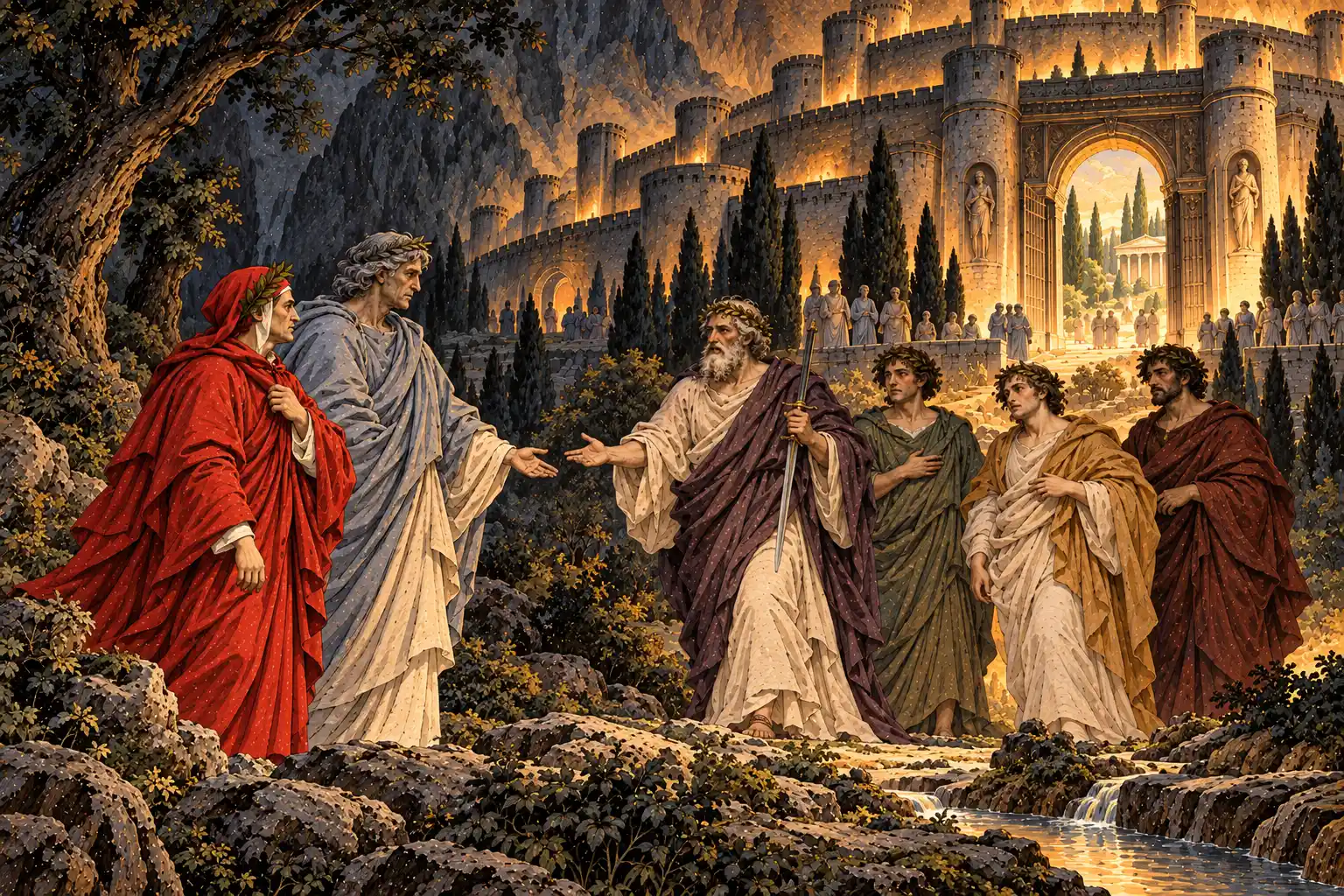 Virgilio, con Dante al fianco, tende la mano a un vecchio barbuto coronato d'alloro che impugna una spada, seguito da tre uomini in toga; dietro, un castello dalle molte mura con una porta luminosa e cipressi.
