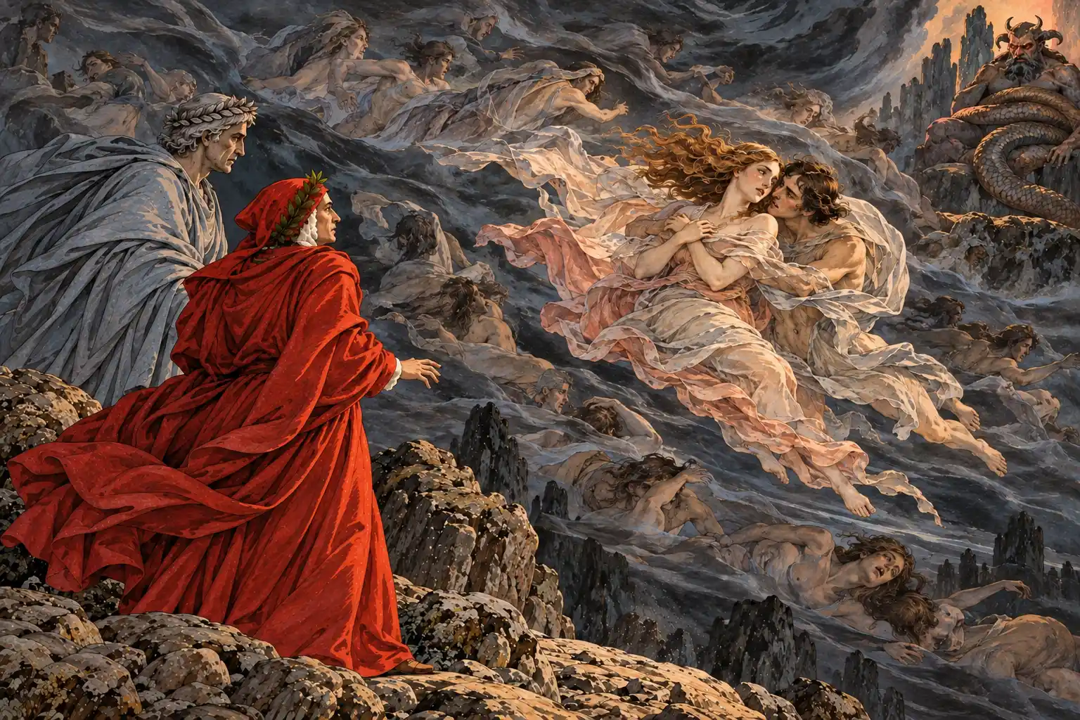 Da una rupe Dante tende la mano verso un uomo e una donna abbracciati, trascinati in aria da un vento grigio insieme ad altre anime; Virgilio è alle sue spalle e in alto a destra siede un demone con coda di serpente.