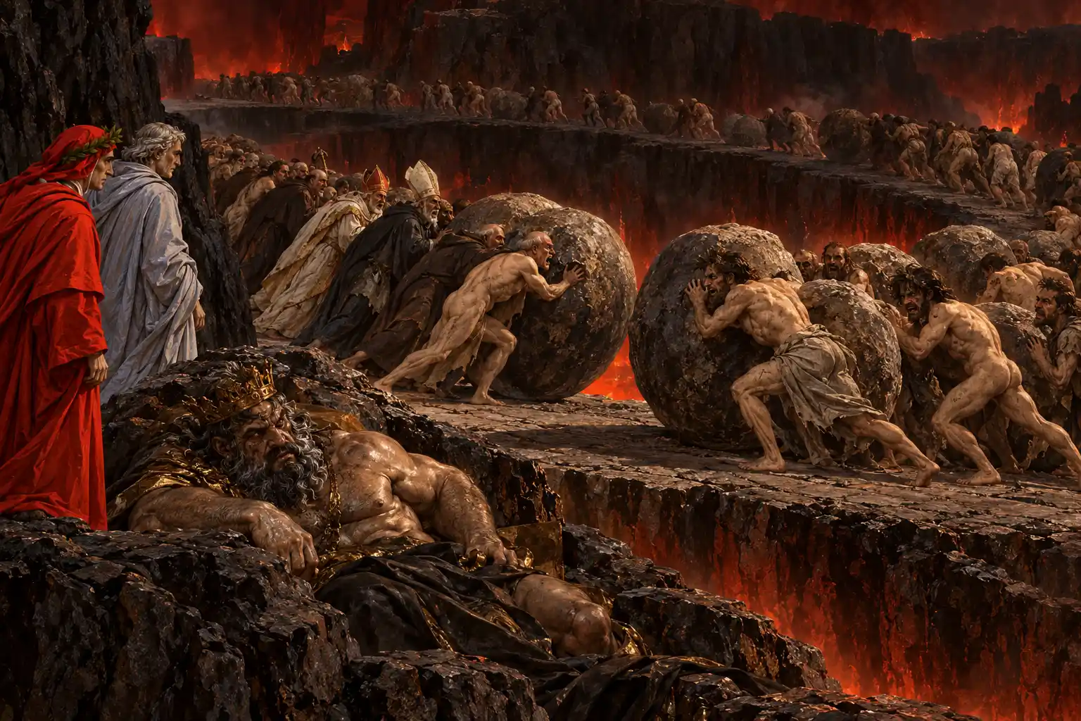 Su cornici di roccia due schiere di dannati, fra cui prelati con la mitria, spingono enormi massi le une contro le altre; in primo piano giace un gigante barbuto con corona, osservato da Dante e Virgilio.