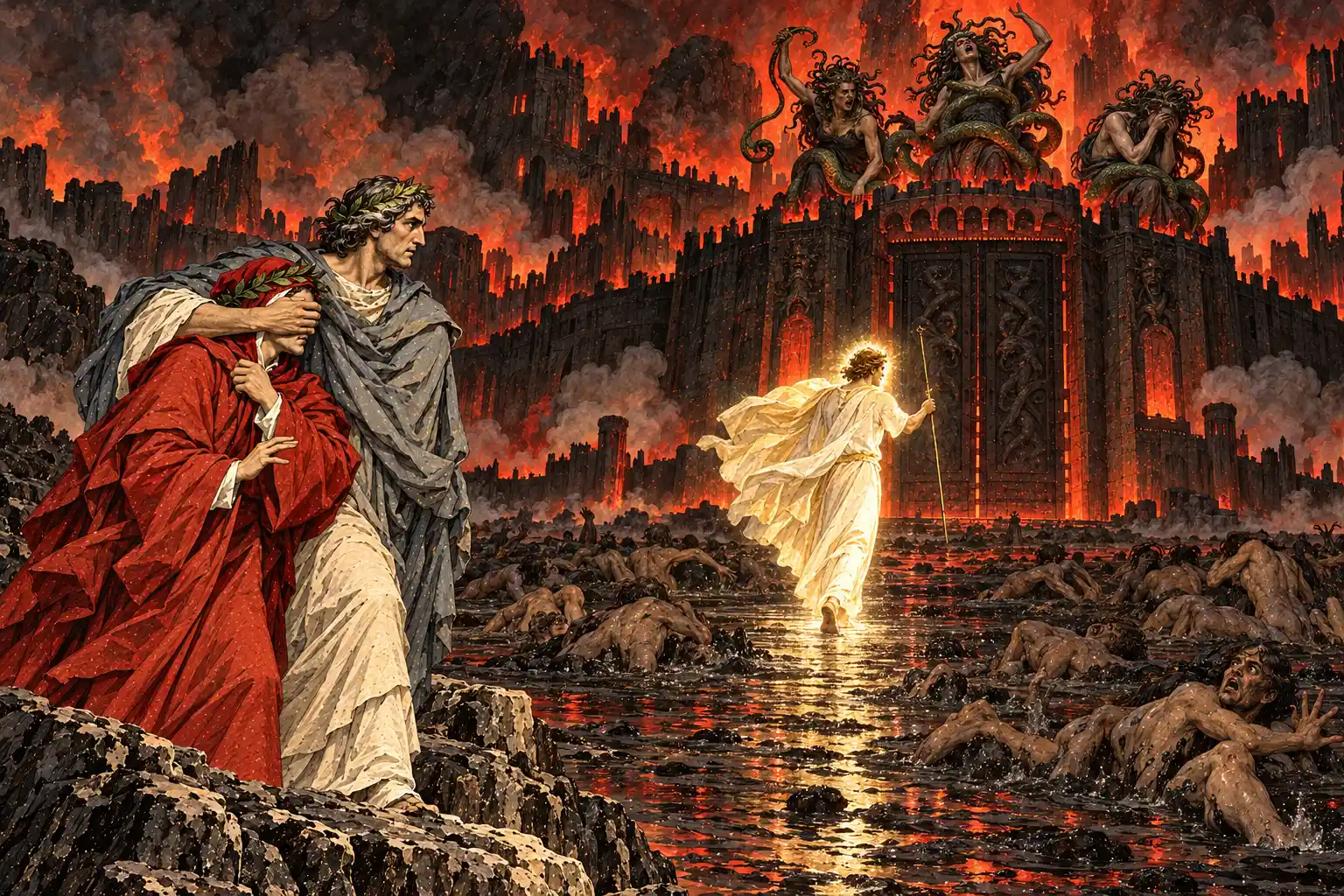 Virgilio copre con le mani gli occhi di Dante; una figura luminosa in veste bianca cammina sull'acqua della palude verso una porta chiusa, sulle cui torri si agitano tre donne dai capelli di serpenti.