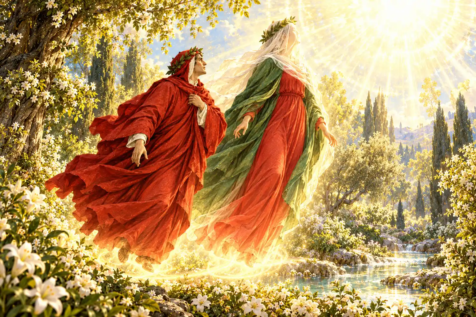 Dante in veste rossa e Beatrice velata, in abito rosso e manto verde, si sollevano da un giardino fiorito presso un ruscello; lei è rivolta al sole abbagliante, lui guarda lei.