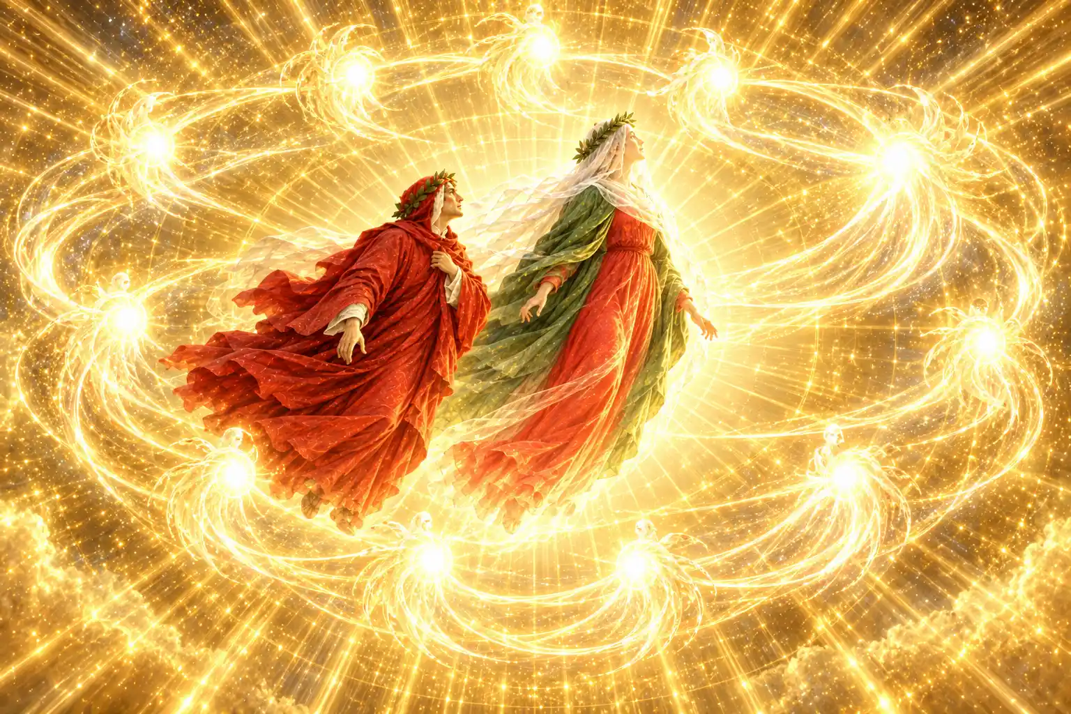 Dante e Beatrice sono sospesi al centro di un cielo dorato, circondati da una corona di luci splendenti unite da scie, come una ghirlanda che ruota intorno a loro.