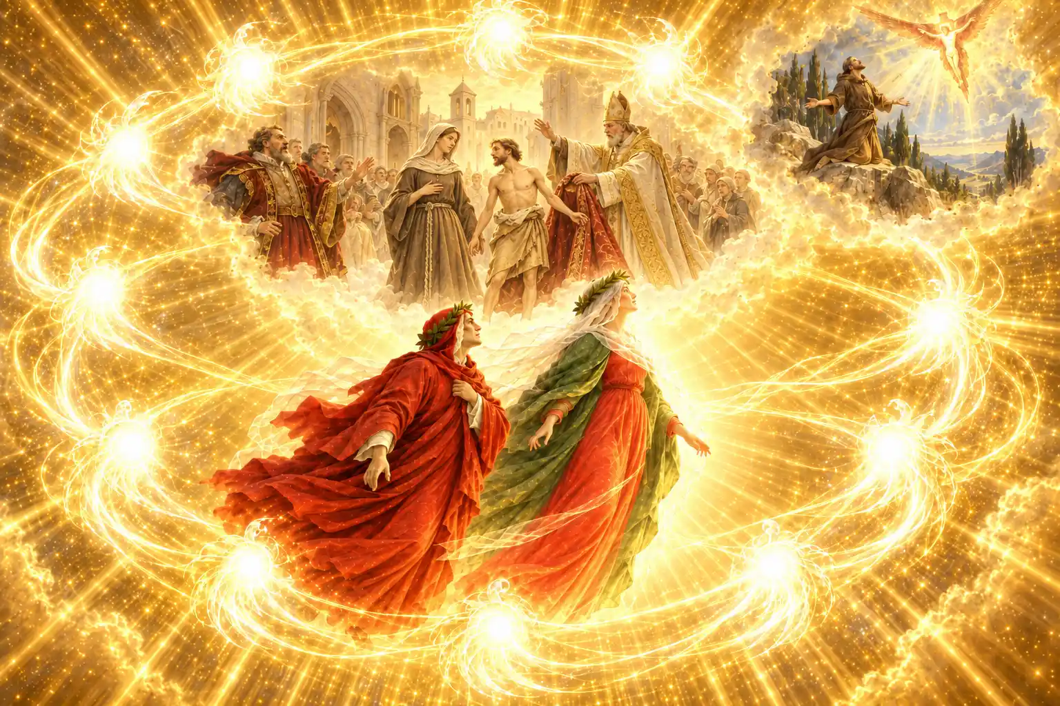 Dante e Beatrice, cinti da una corona di luci, guardano in alto due scene: un giovane seminudo davanti a un vescovo, accanto a una donna in saio, e un frate in ginocchio sotto un serafino.