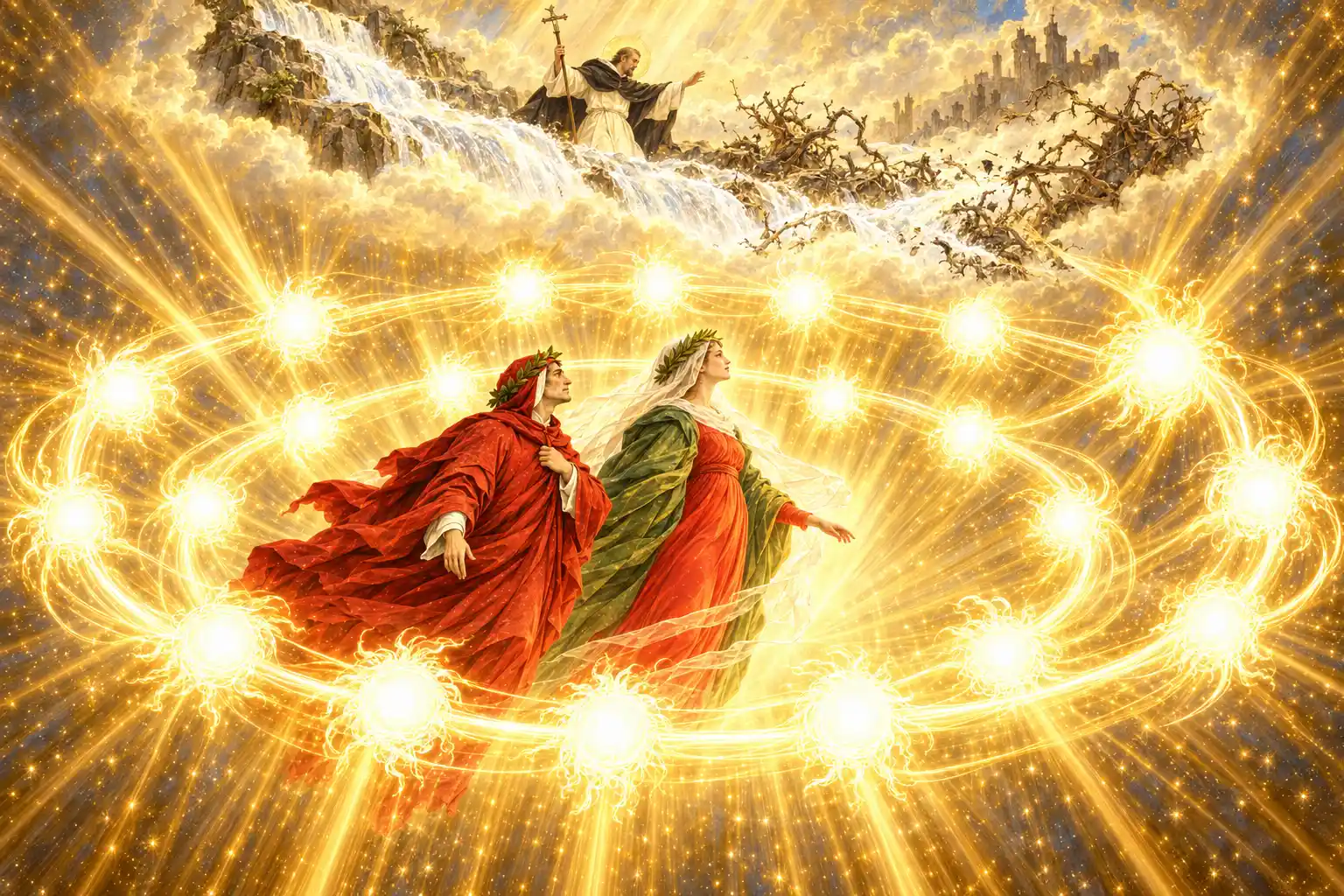 Dante e Beatrice stanno al centro di due corone concentriche di luci dorate; sopra, tra le nubi, un frate in abito bianco e nero con la croce presso un torrente che travolge sterpi secchi.