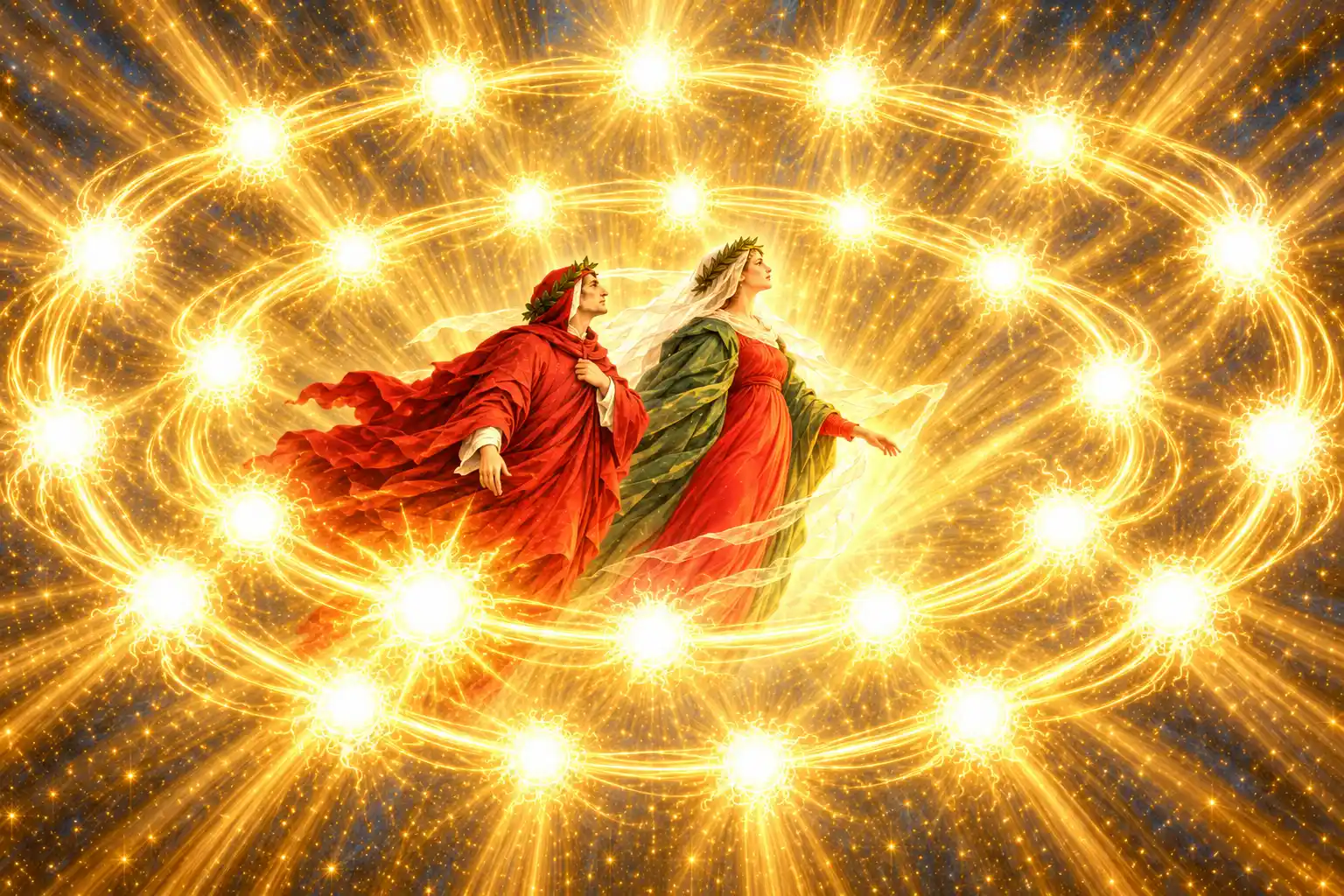 Dante e Beatrice, affiancati e con lo sguardo in alto, sono sospesi al centro di due corone concentriche di luci raggianti, in un cielo d'oro pieno di scintille.