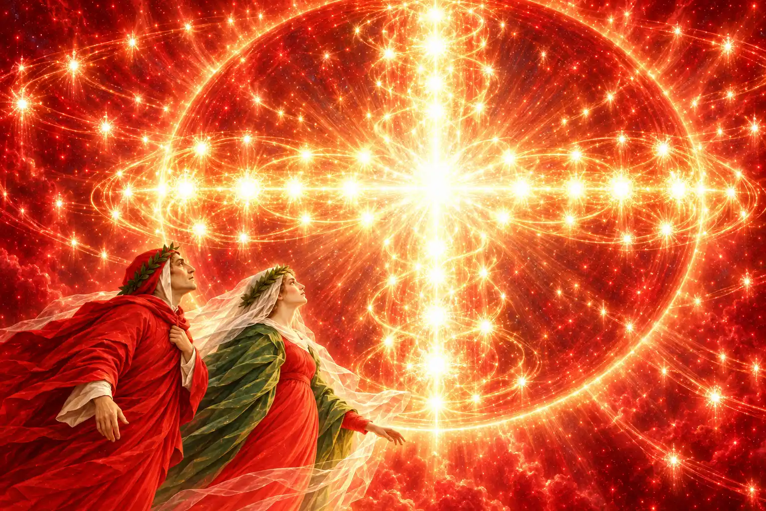 Dante e Beatrice, in basso a sinistra, guardano una grande croce di luci bianche e dorate dai bracci uguali, inscritta in un cerchio, che risplende in un cielo rosso acceso.