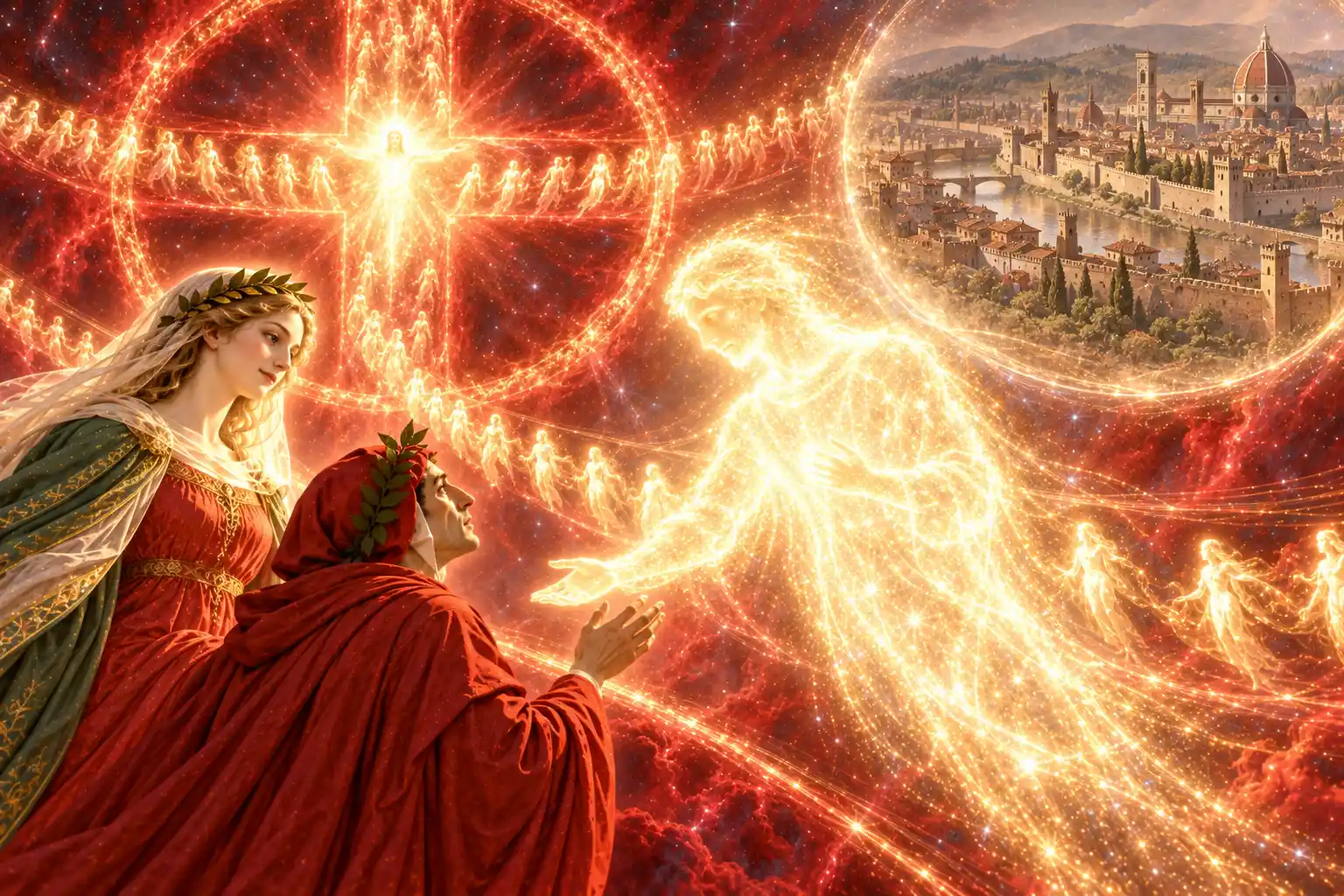 Una figura maschile fatta di luce si china tendendo le mani a Dante, che alza le sue; Beatrice sorride. Dietro, una croce di anime luminose e una veduta di città murata sul fiume.