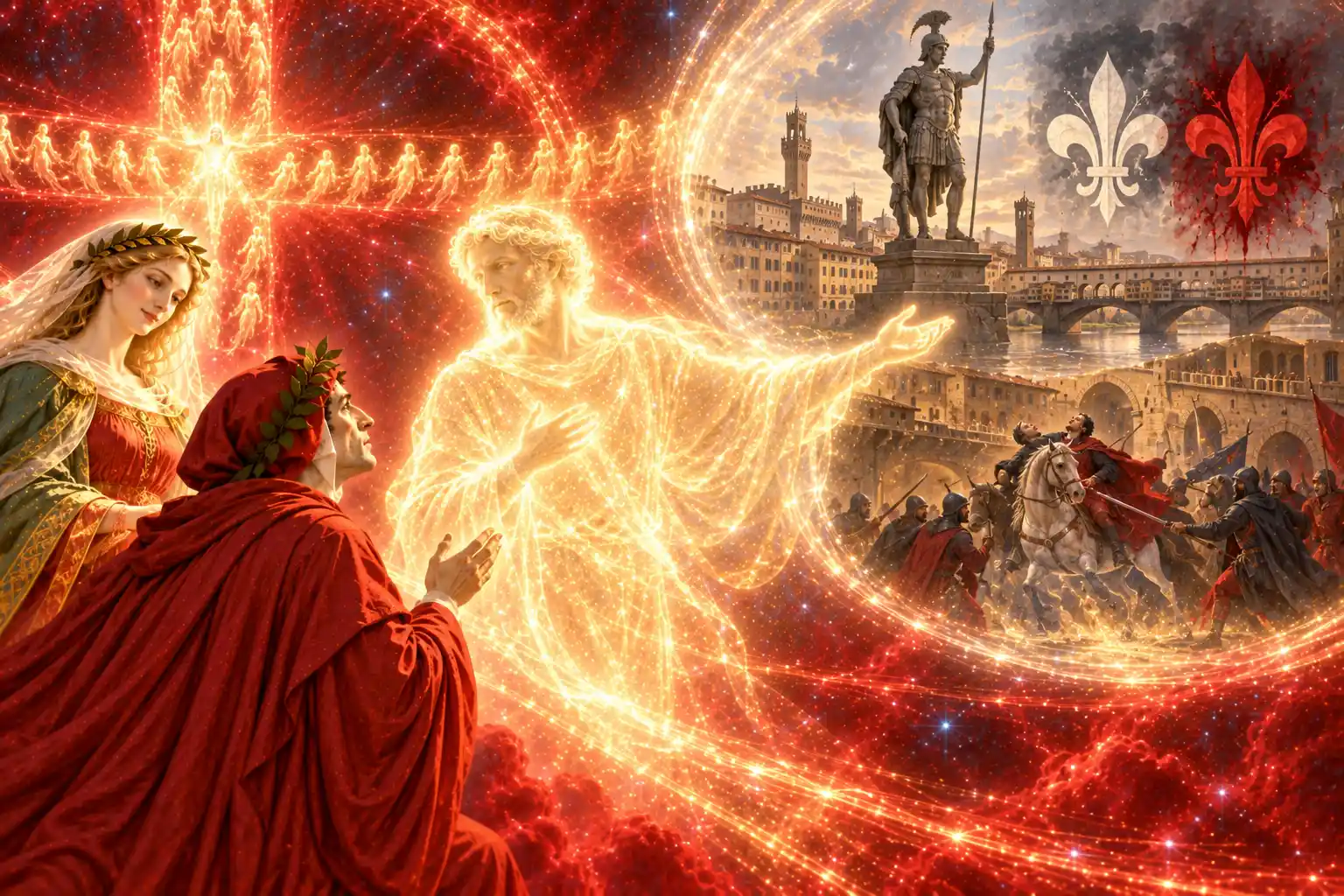 Uno spirito luminoso dal volto barbuto parla a Dante e indica una visione: la statua di un guerriero su un ponte, un cavaliere assalito da armati, un giglio bianco e uno rosso.