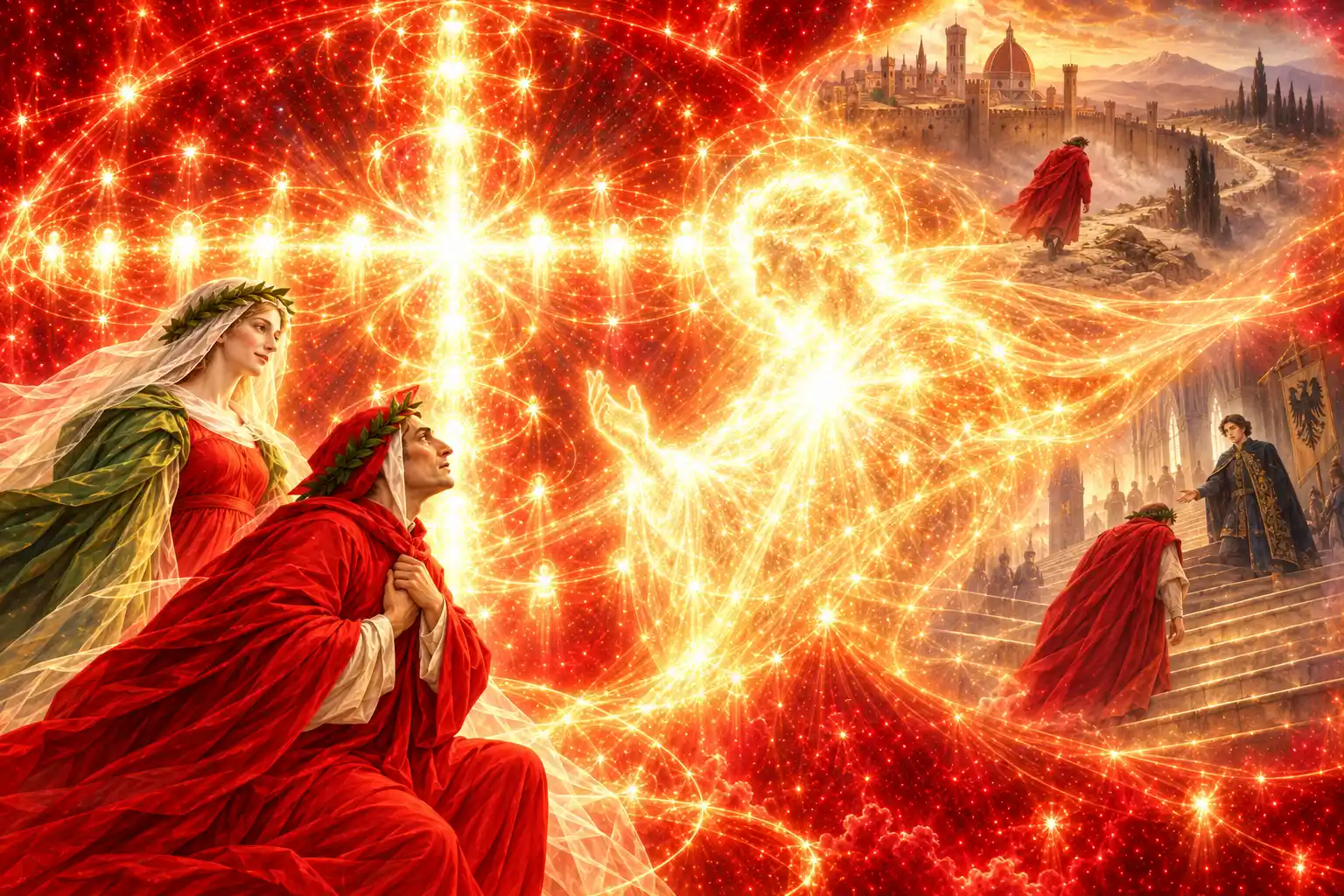 Dante, in ginocchio con le mani giunte e Beatrice alle spalle, ascolta una figura di luce; a destra due visioni: un uomo in rosso lascia una città murata e sale una scala verso un signore.