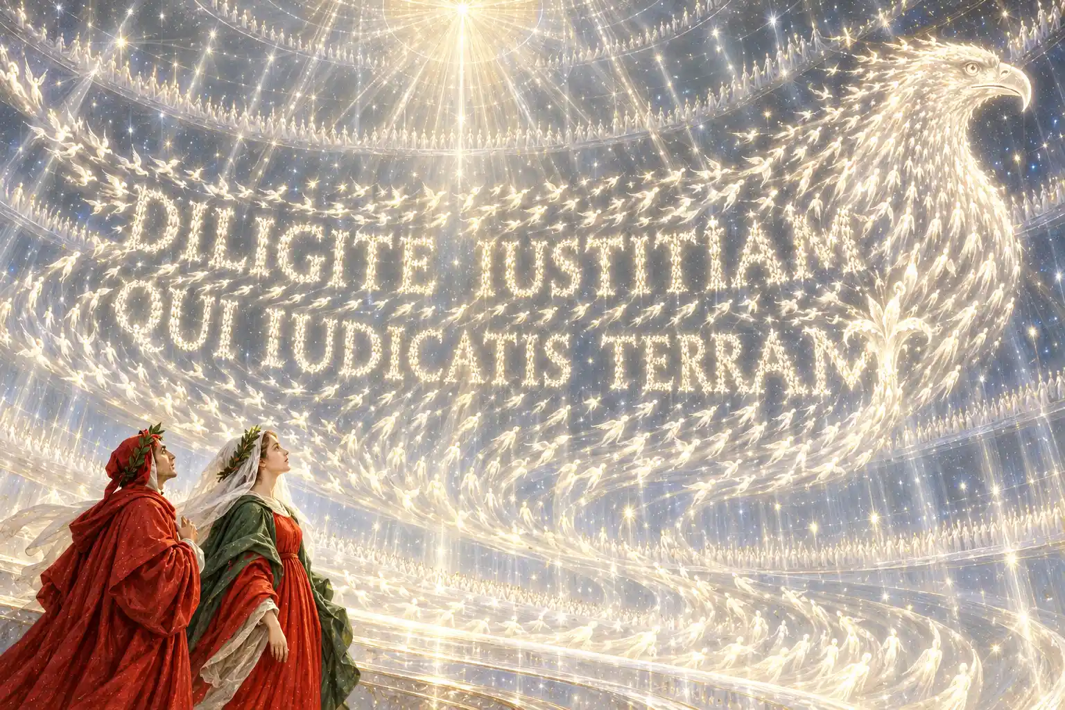 Dante e Beatrice, in basso a sinistra, osservano una scritta latina composta da luci in un cielo argenteo; a destra le luci si addensano nella testa di un'aquila sopra un giglio.
