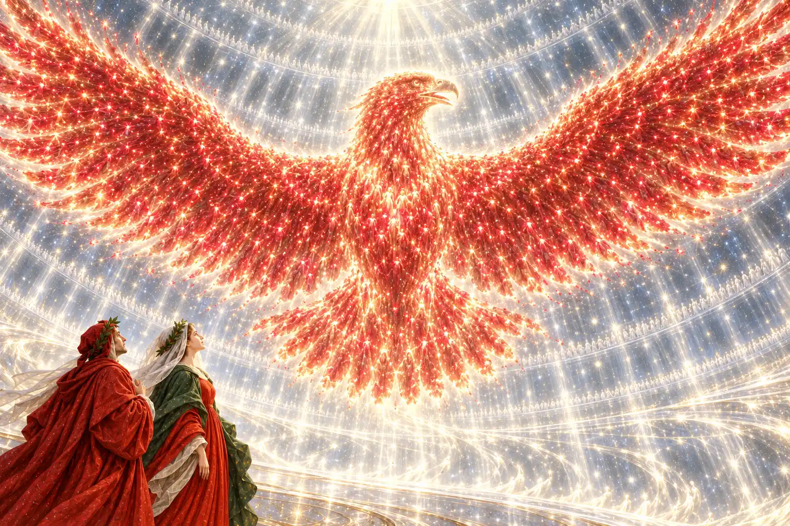 Dante e Beatrice, piccoli in basso a sinistra, guardano una gigantesca aquila ad ali spiegate formata da migliaia di luci rosse e dorate, su un cielo chiaro a cerchi scintillanti.