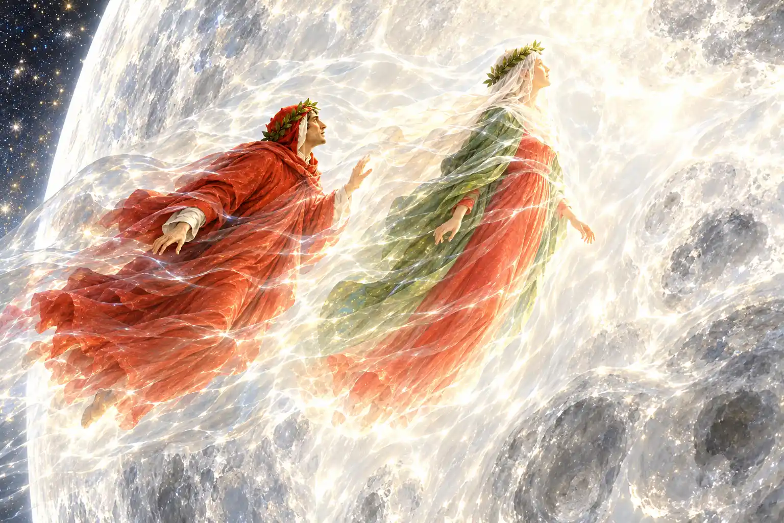 Dante e Beatrice volano avvolti da veli luminosi contro l'enorme disco della Luna, chiaro e cosparso di macchie grigie; a sinistra un lembo di cielo stellato.