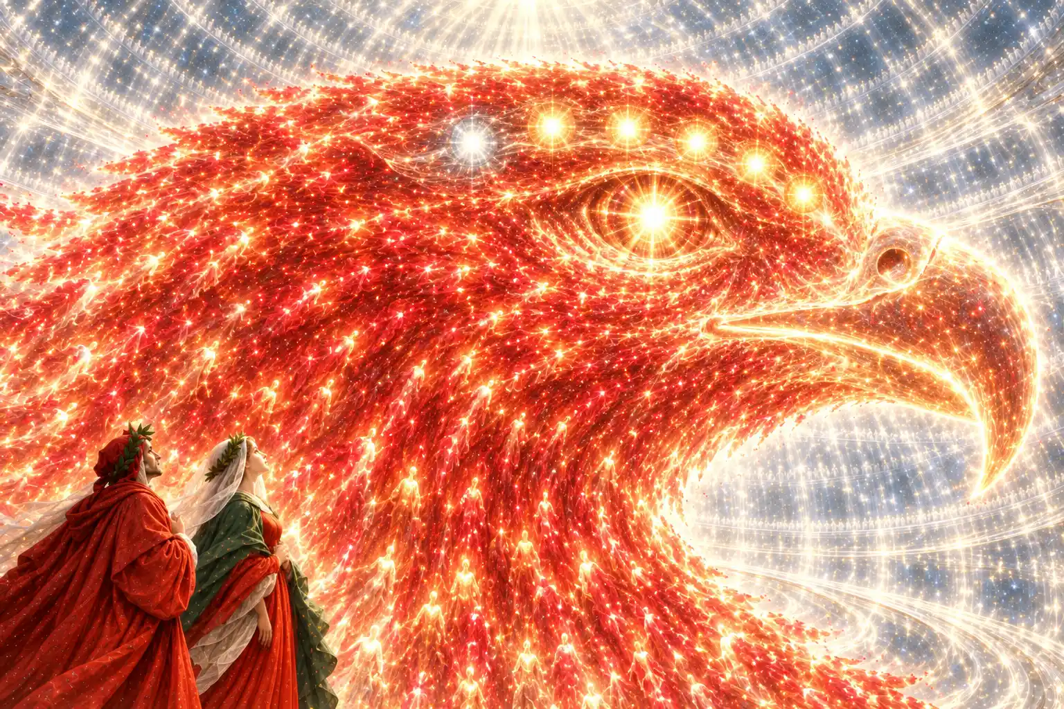 Primo piano della testa di un'aquila fatta di luci rosse: una stella brilla nella pupilla e una fila di altre luci segue l'arco del sopracciglio; in basso Dante e Beatrice osservano.