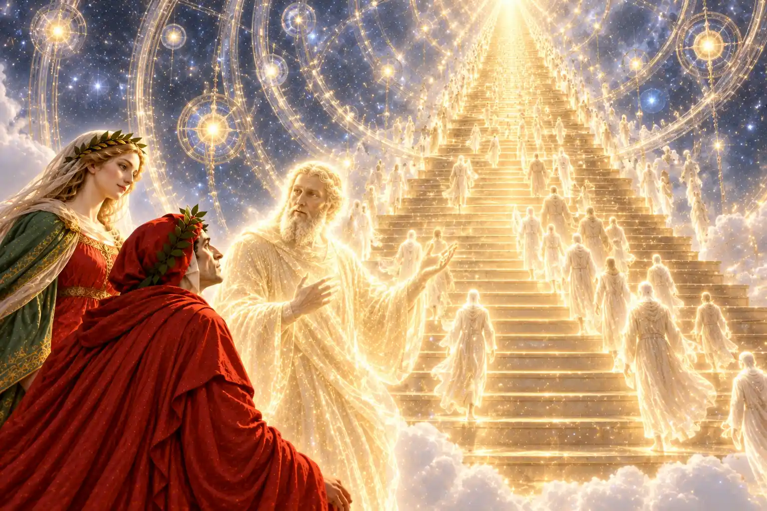 Un vecchio barbuto, luminoso e in veste bianca, parla a Dante indicando una scala d'oro che si perde in alto, percorsa da figure bianche; Beatrice è accanto, in un cielo stellato.