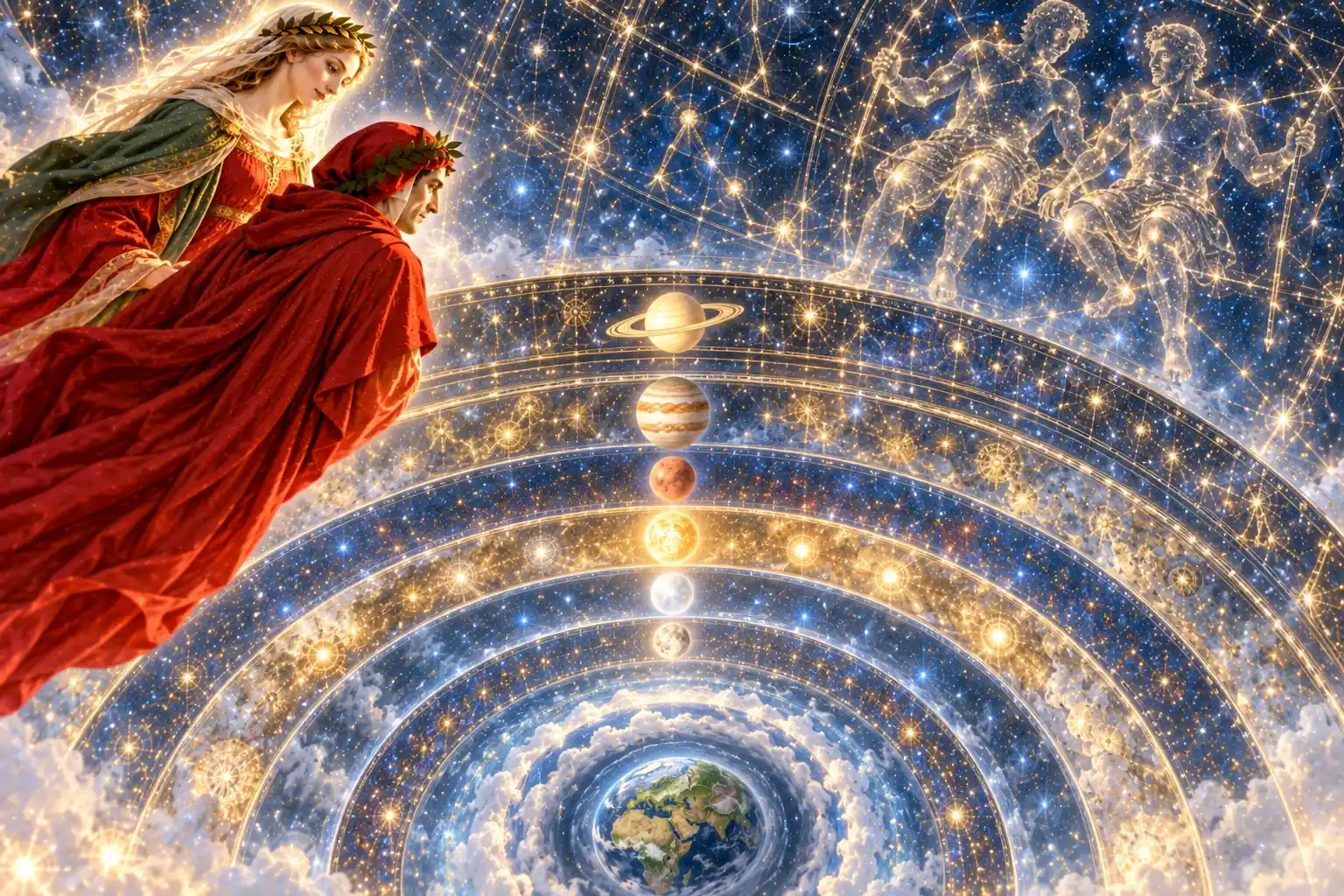 Dante e Beatrice, sospesi in alto, guardano in basso una serie di sfere concentriche con i pianeti in fila e, al centro, la Terra; a destra due figure gemelle disegnate da stelle.
