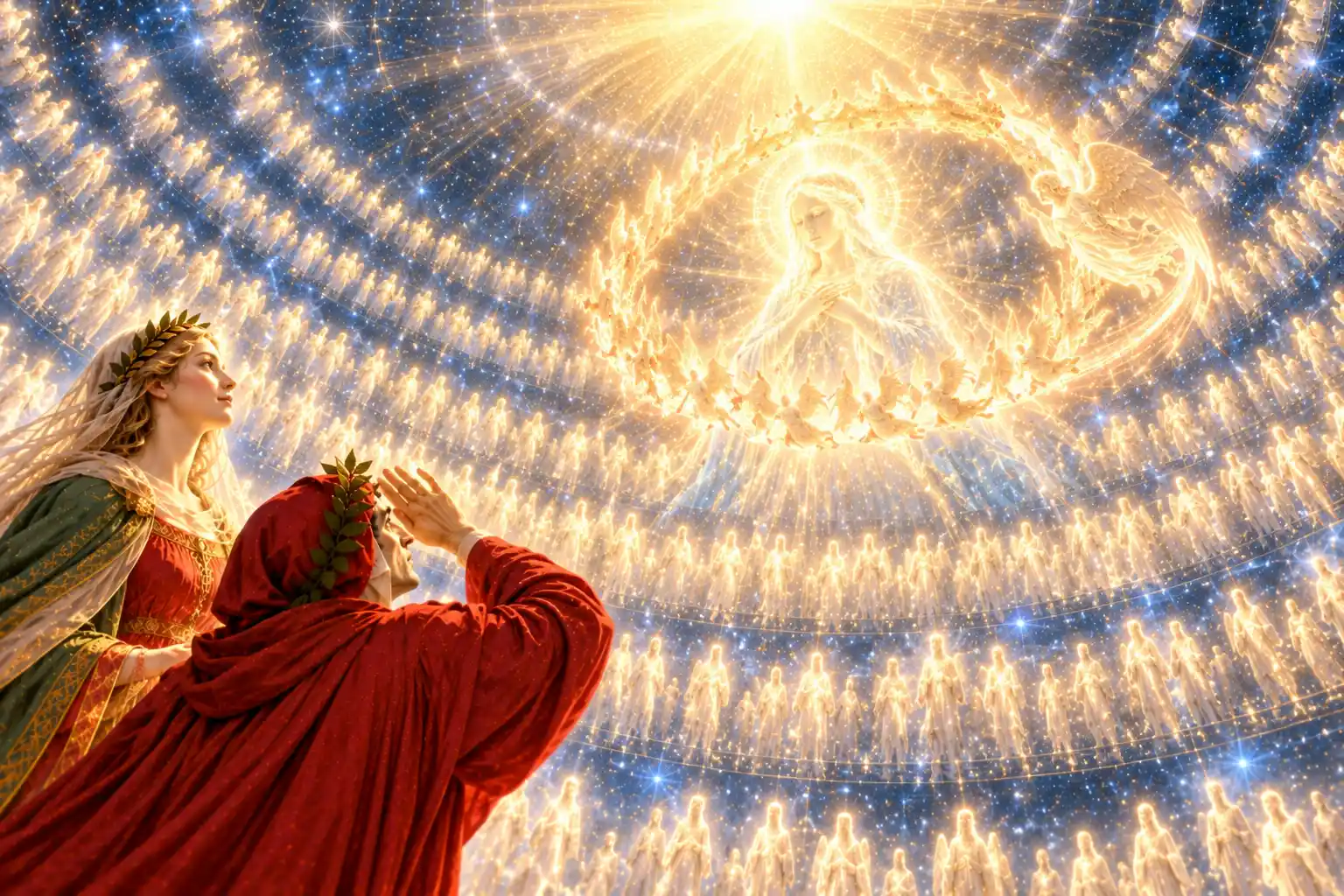 Dante si ripara gli occhi con la mano, Beatrice guarda in alto: tra schiere di anime luminose appare una donna velata in preghiera, cinta da un cerchio di fiamme e angeli, sotto un sole.