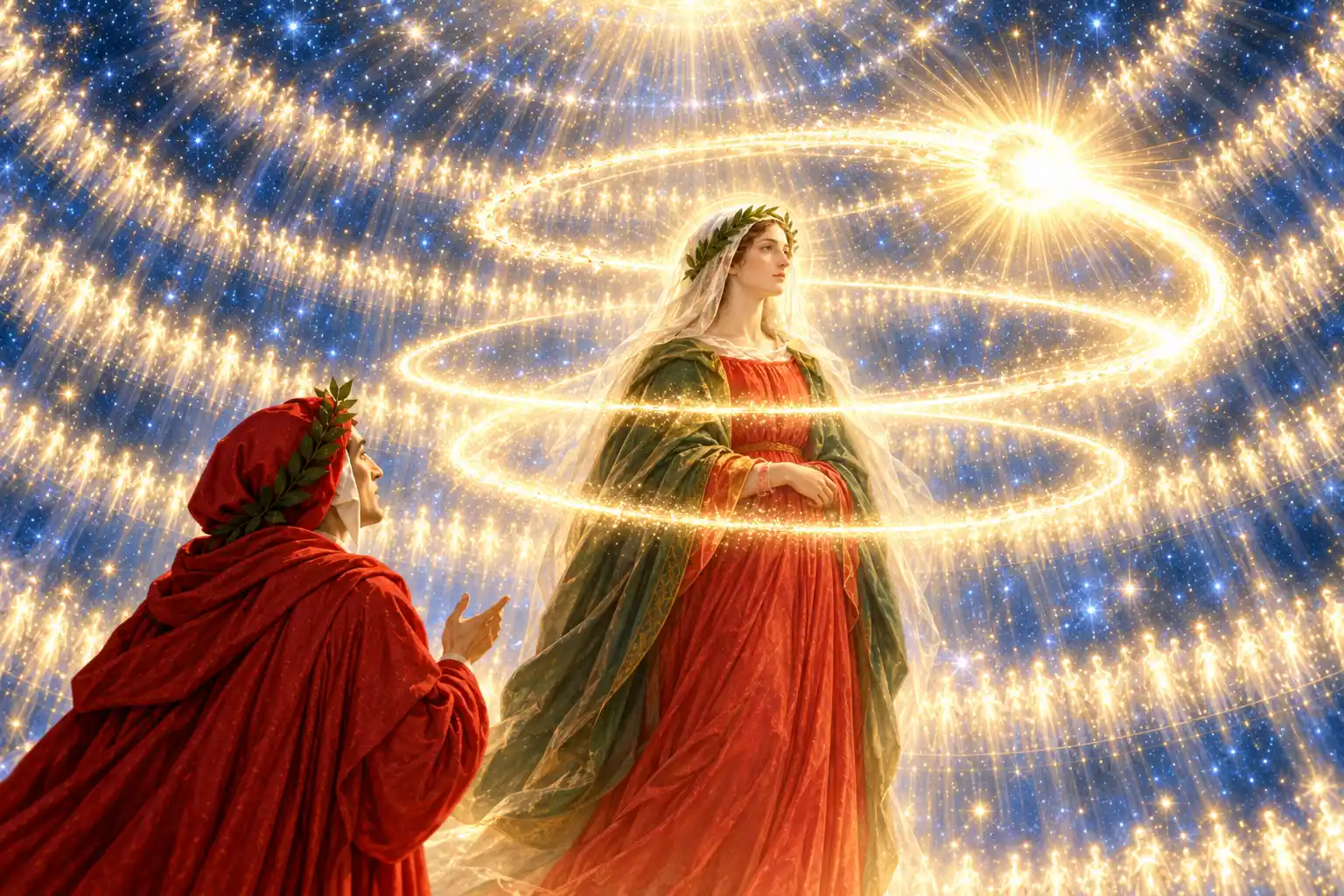 Dante, di spalle e con la mano levata, guarda Beatrice in piedi, attorno alla quale una luce splendente traccia tre anelli dorati; sullo sfondo cerchi di anime nel cielo stellato.