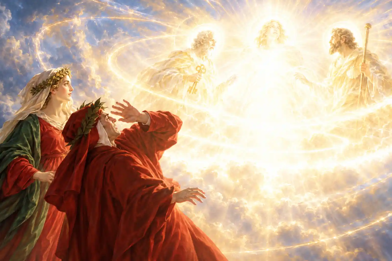 Dante arretra riparandosi gli occhi davanti a tre figure luminose tra le nubi: un vecchio con le chiavi, un giovane abbagliante al centro, un uomo con bastone e conchiglia; Beatrice osserva.