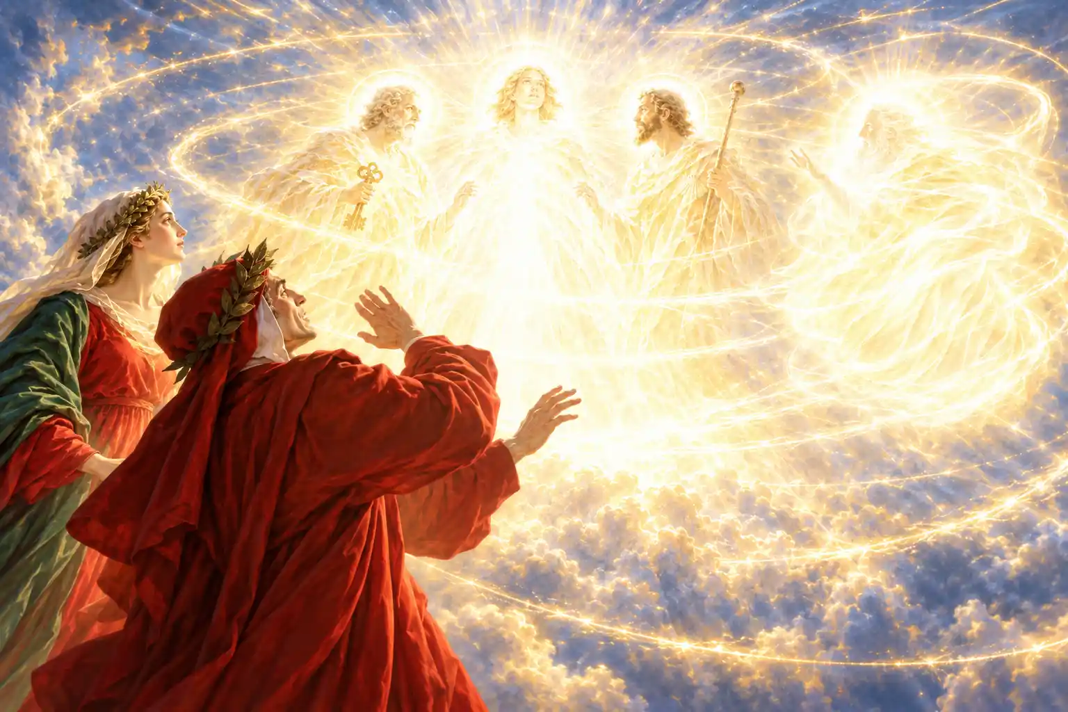 Dante, con le mani alzate, e Beatrice guardano quattro figure di luce tra le nubi: un vecchio con le chiavi, un giovane radioso, un uomo con il bastone e, più sfumato, un vecchio barbuto.