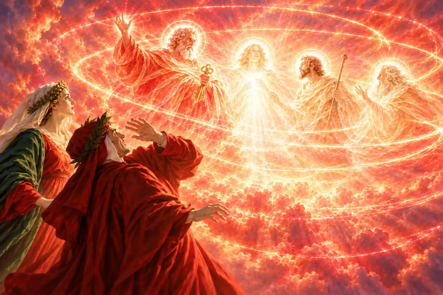 In un cielo divenuto rosso un vecchio con le chiavi, avvolto di luce vermiglia, alza il braccio con sdegno; accanto altre tre figure luminose. Dante arretra, Beatrice guarda in alto.