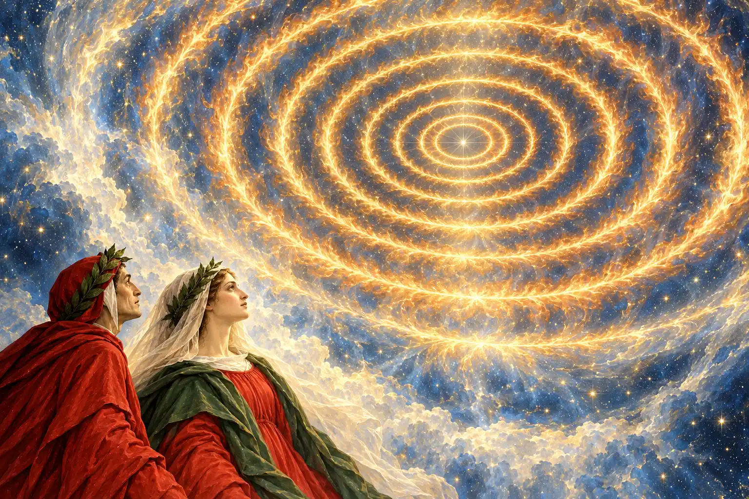 Dante e Beatrice, in primo piano a sinistra, alzano lo sguardo verso un punto di luce intensissima circondato da numerosi cerchi concentrici di fuoco, nel cielo blu stellato.