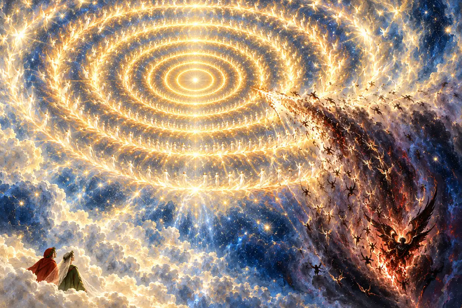 Cerchi concentrici di angeli luminosi ruotano attorno a un punto di luce; a destra una colonna scura di figure alate precipita tra fiamme. Dante e Beatrice, piccoli, guardano da una nube.