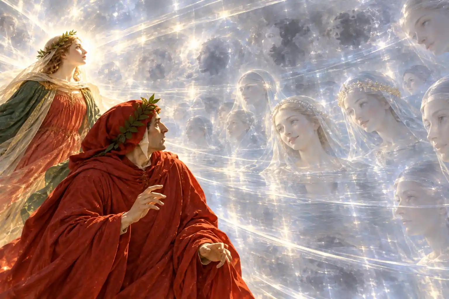 Dante, di profilo, guarda stupito una schiera di volti femminili velati e sorridenti, tenui come riflessi in una luce perlacea; dietro di lui Beatrice alza gli occhi.