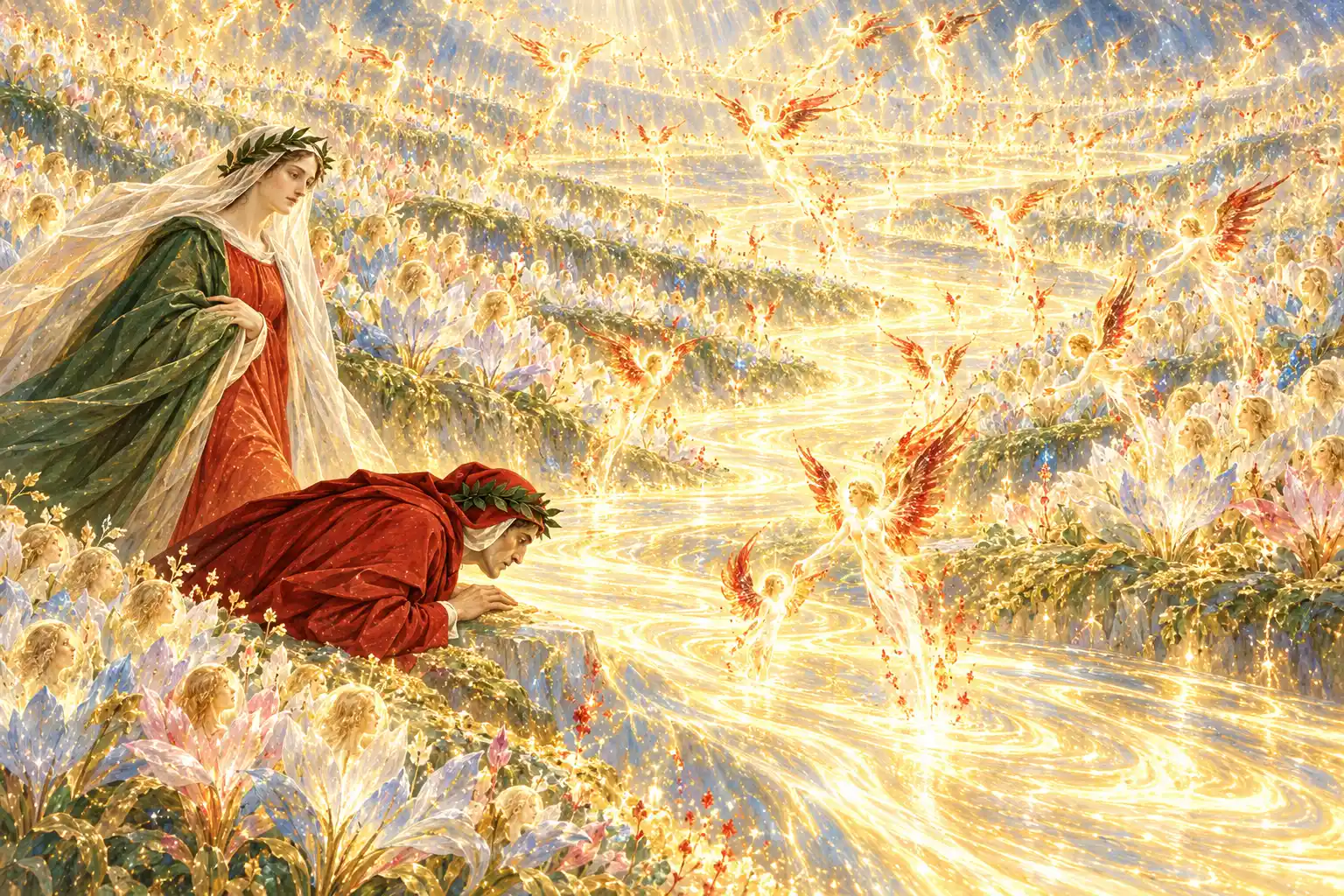 Dante, chino sull'orlo di una riva fiorita, accosta il viso a un fiume di luce dorata; angeli dalle ali rosse entrano ed escono dalla corrente, volti affiorano dai fiori. Beatrice è in piedi.